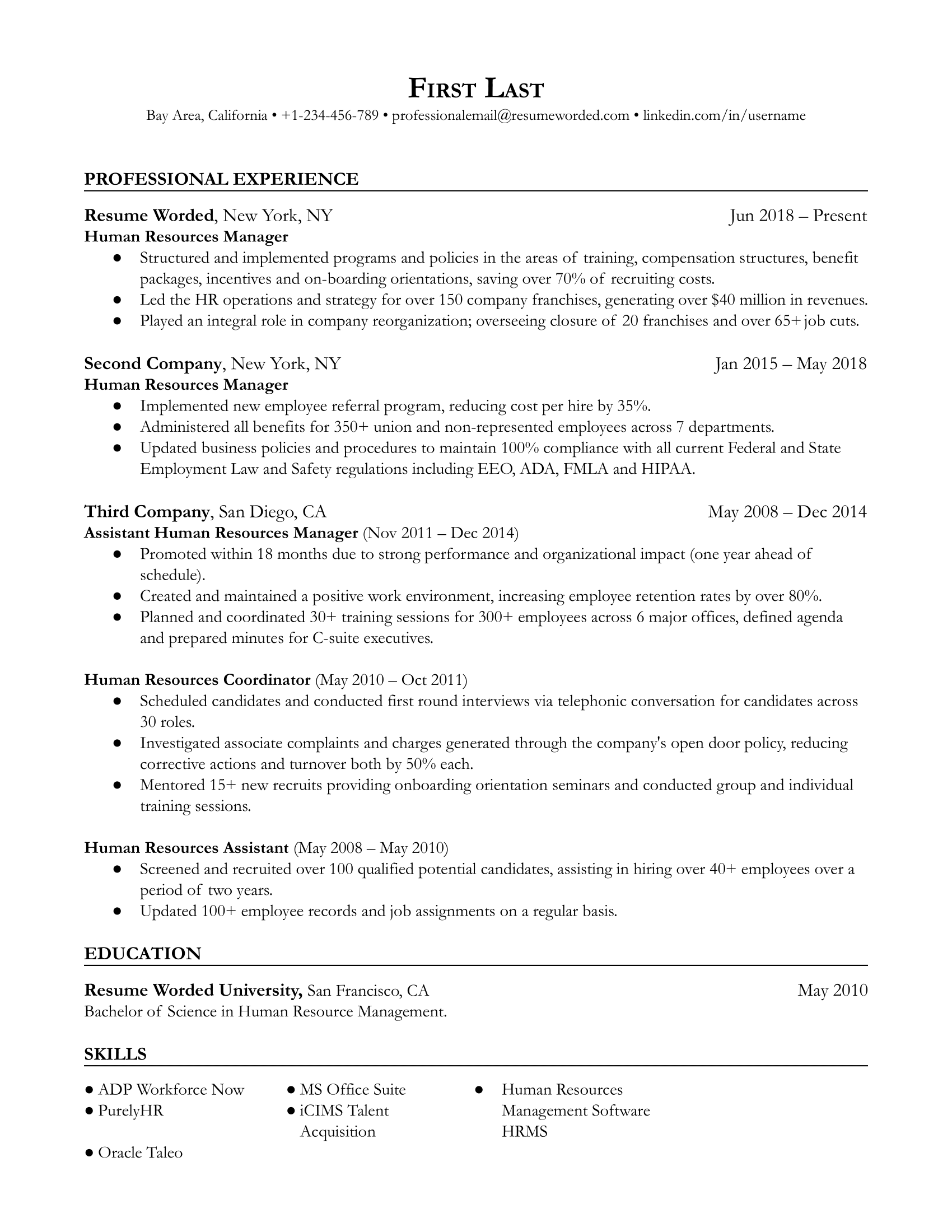 Human resources manager resume with past promotions and work experience