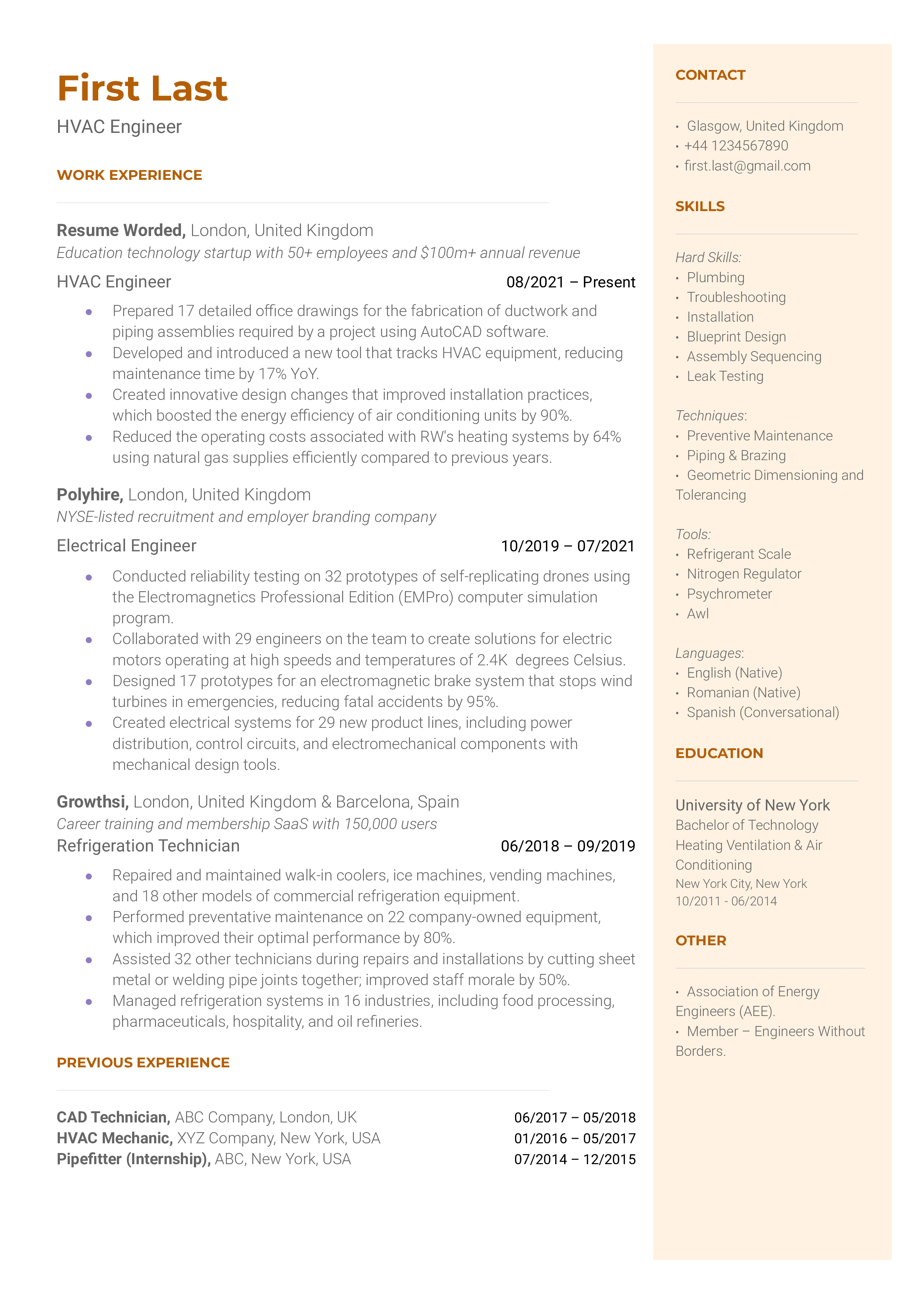 A HVAC engineer resume template that uses strong action verbs