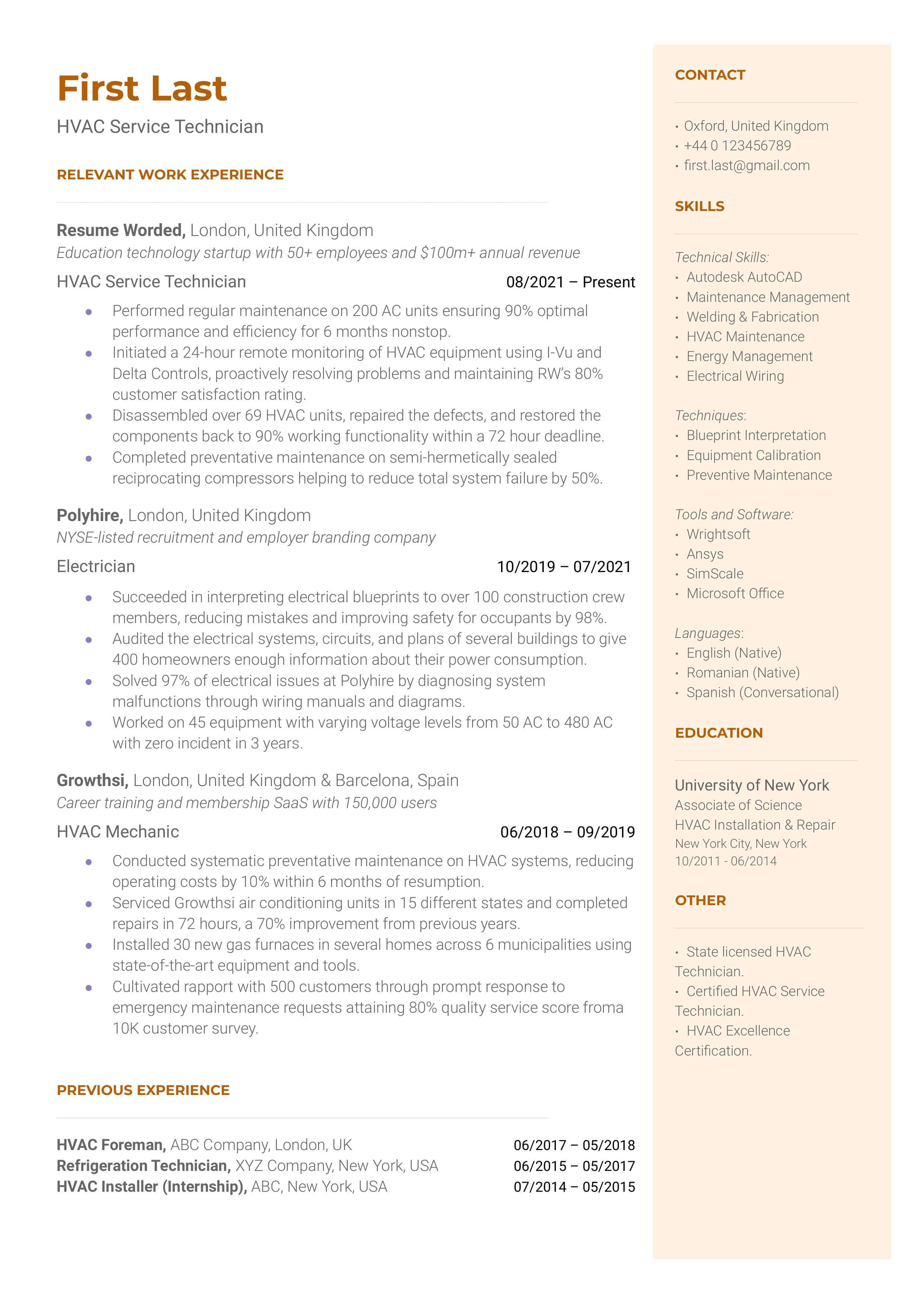 An HVAC resume template highlighting the applicant's HVAC-targeted skill set.