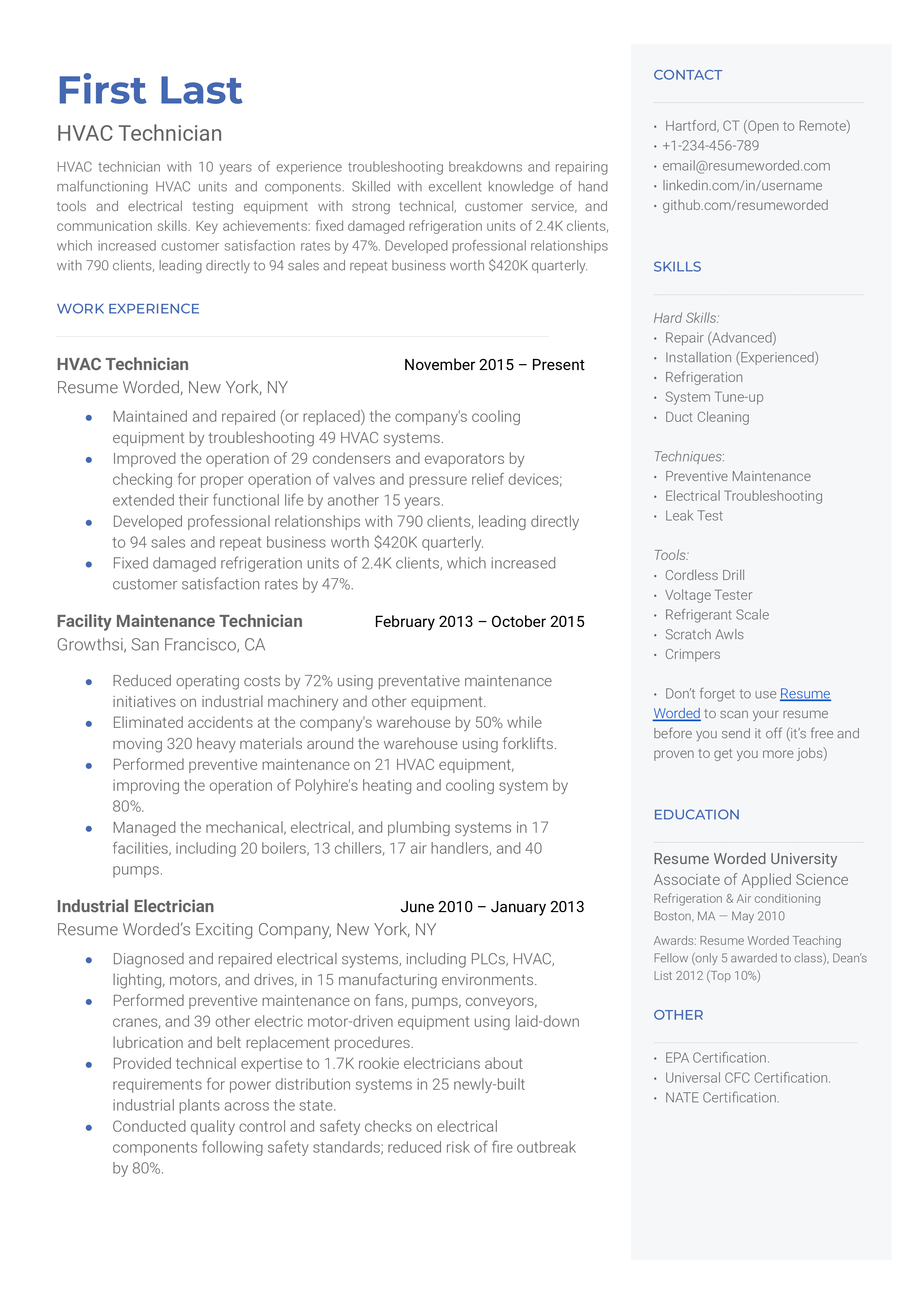 An example of HVAC Technician CV showcasing certifications and specific technical skills.