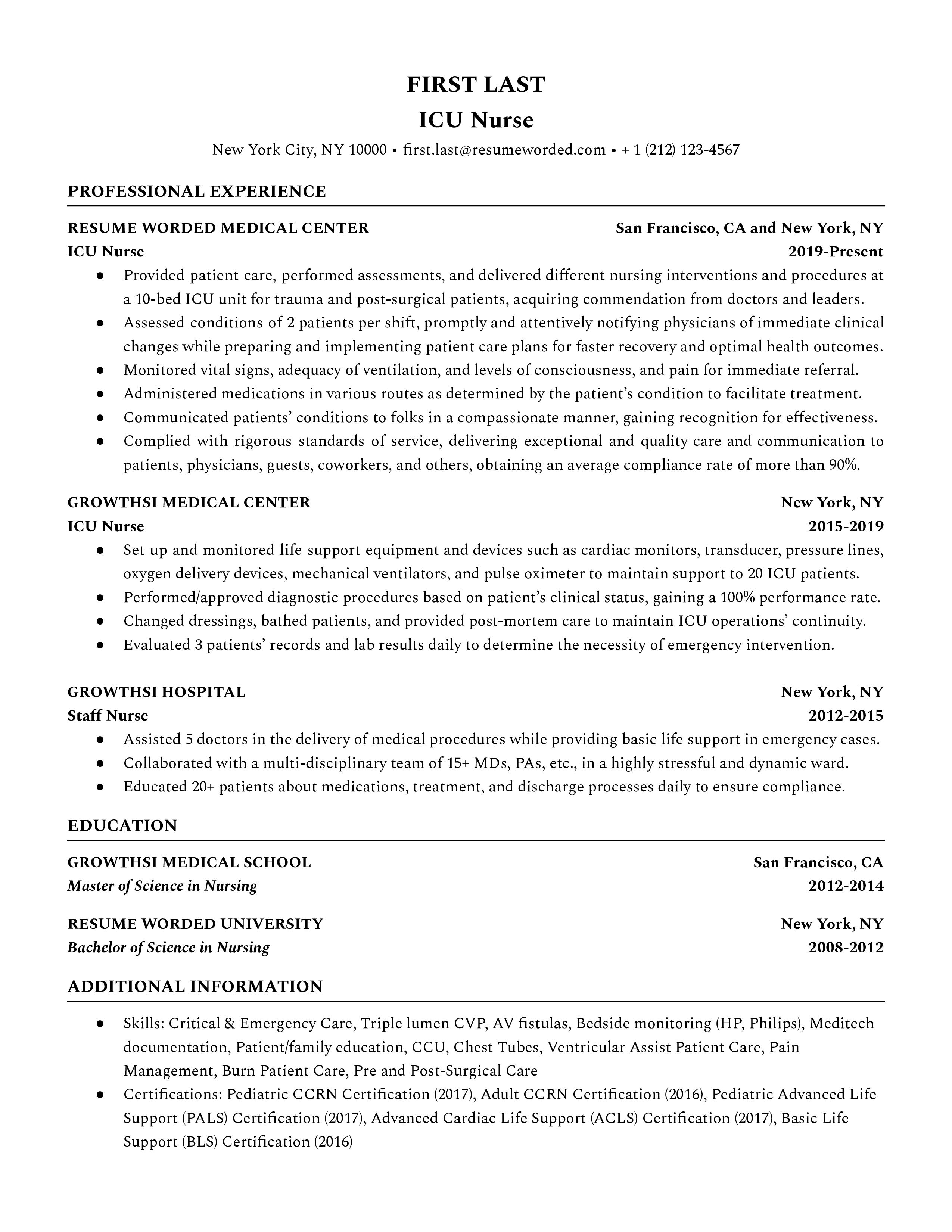 A sample CV for an ICU nurse role focused on technology proficiency and handling high-pressure situations.