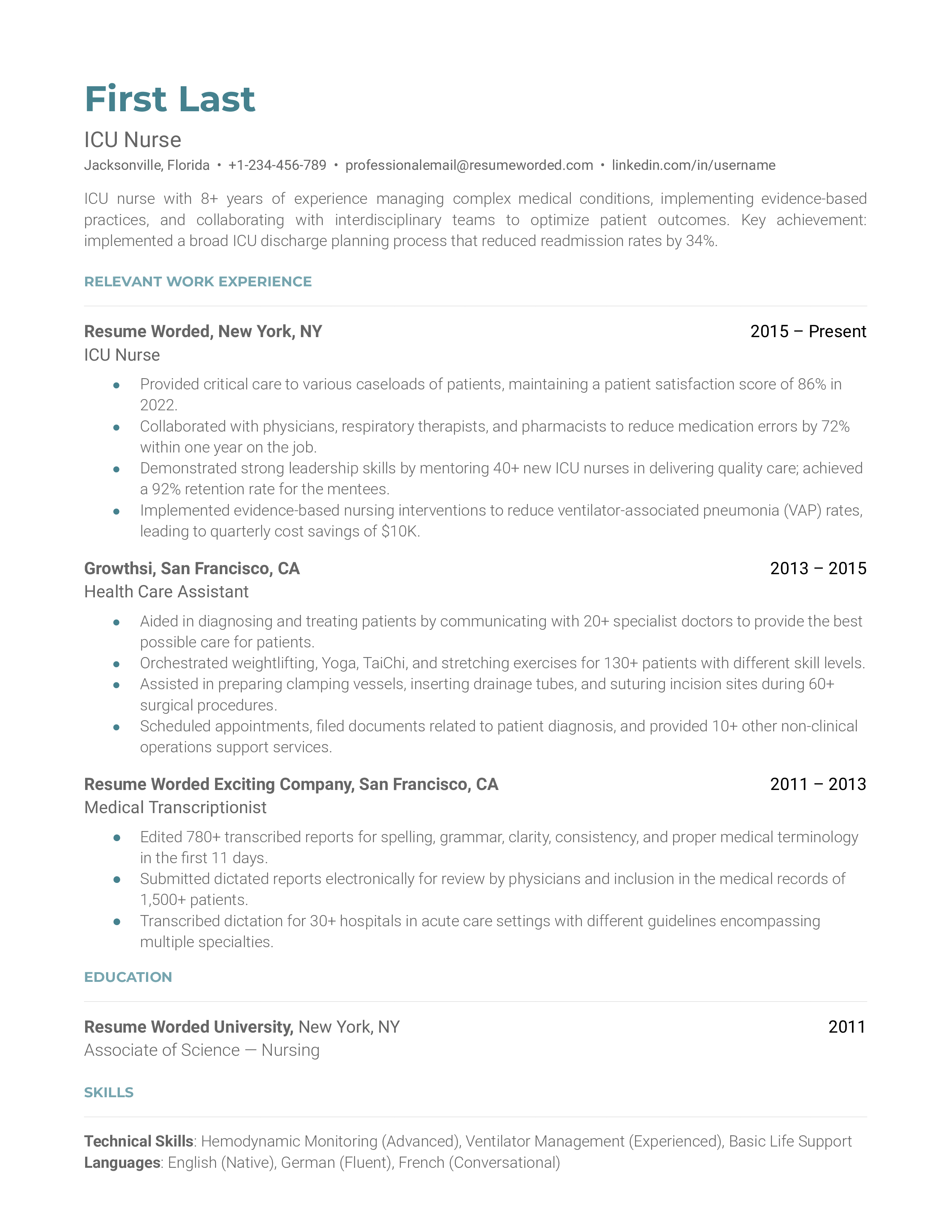 A well-structured CV for ICU nurse role, showcasing experience, skills, and certifications.