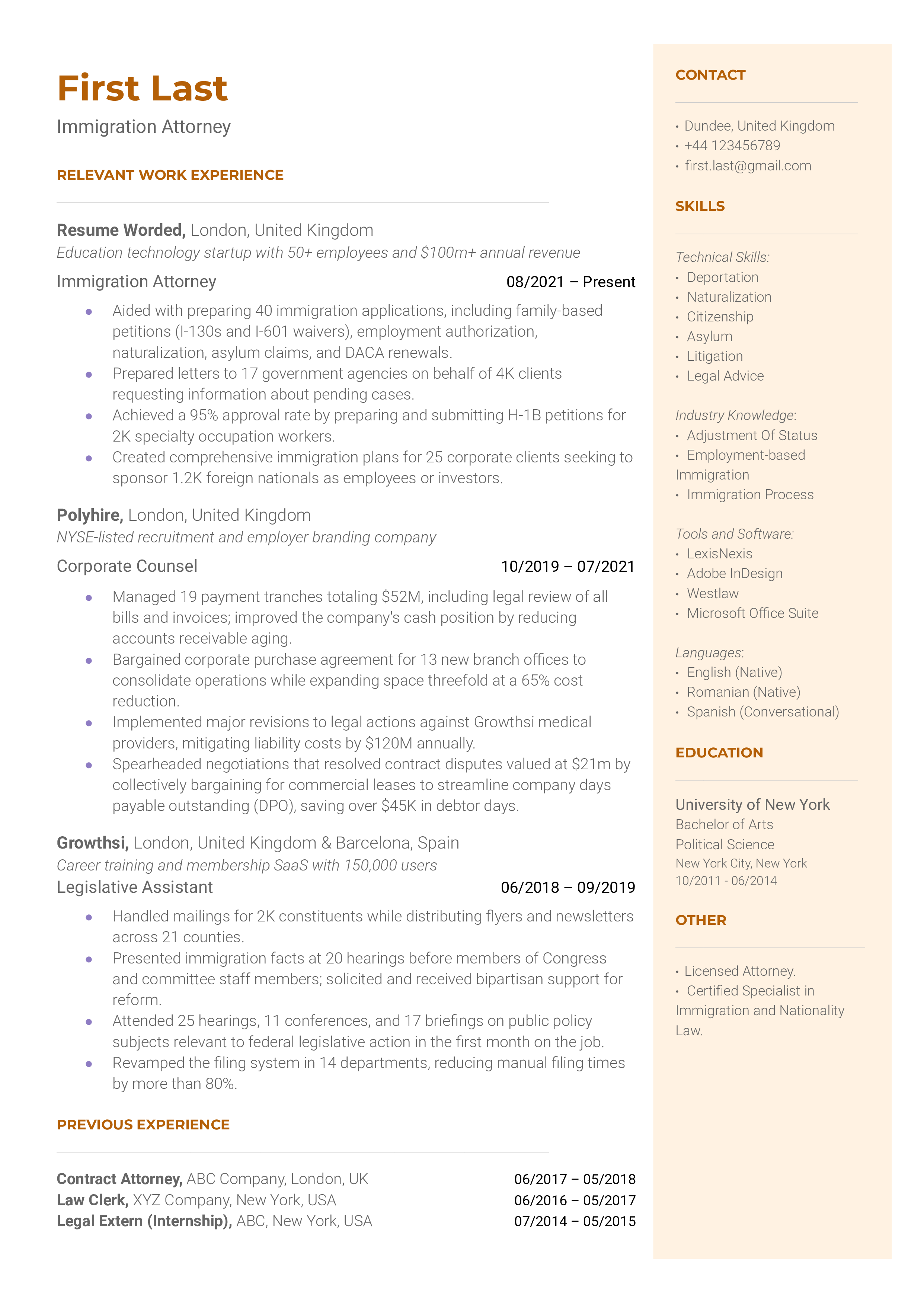 A well-organized legal CV outlining immigration law experience and language skills.