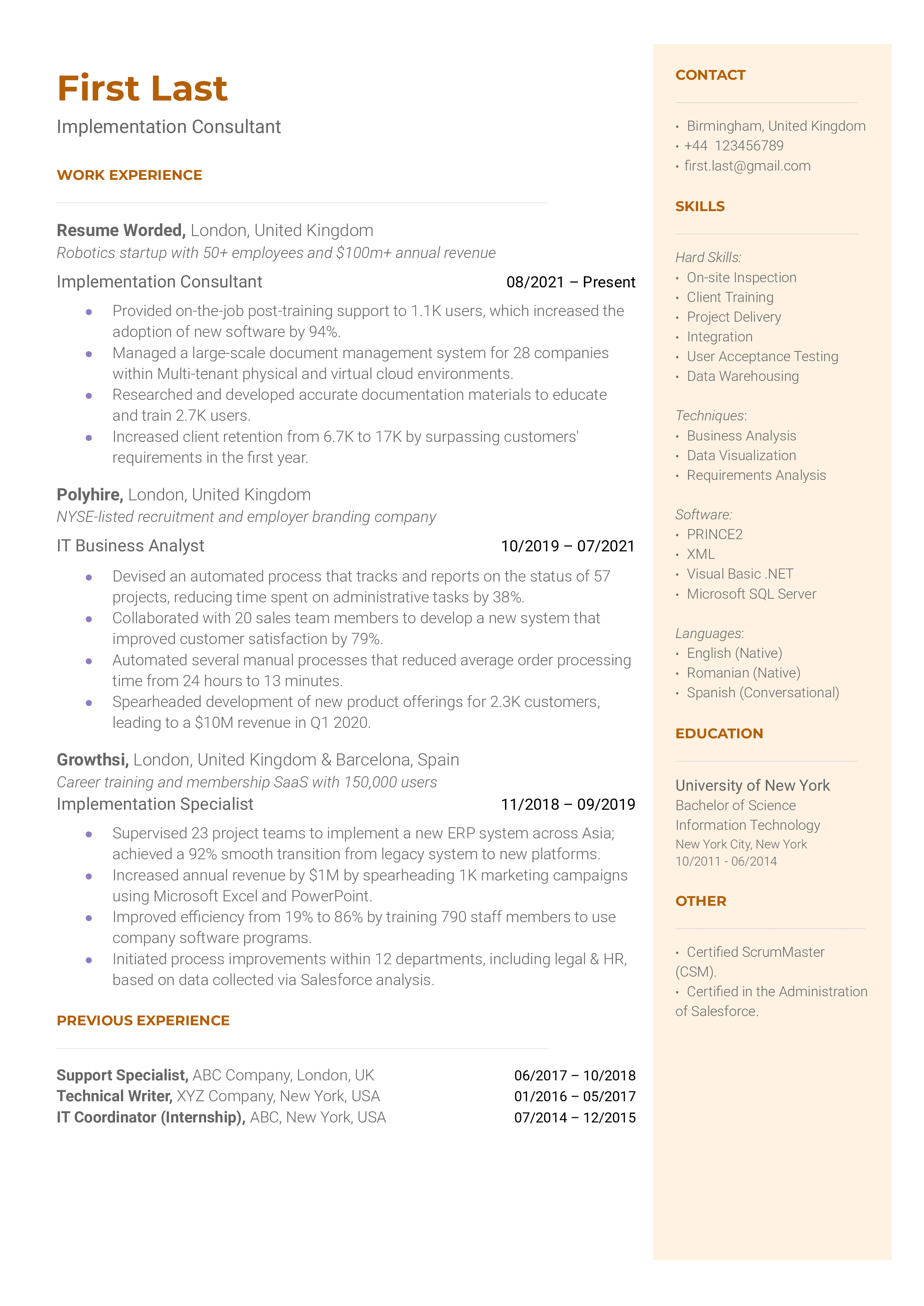 An implementation consultant resume template that highlights technical skills