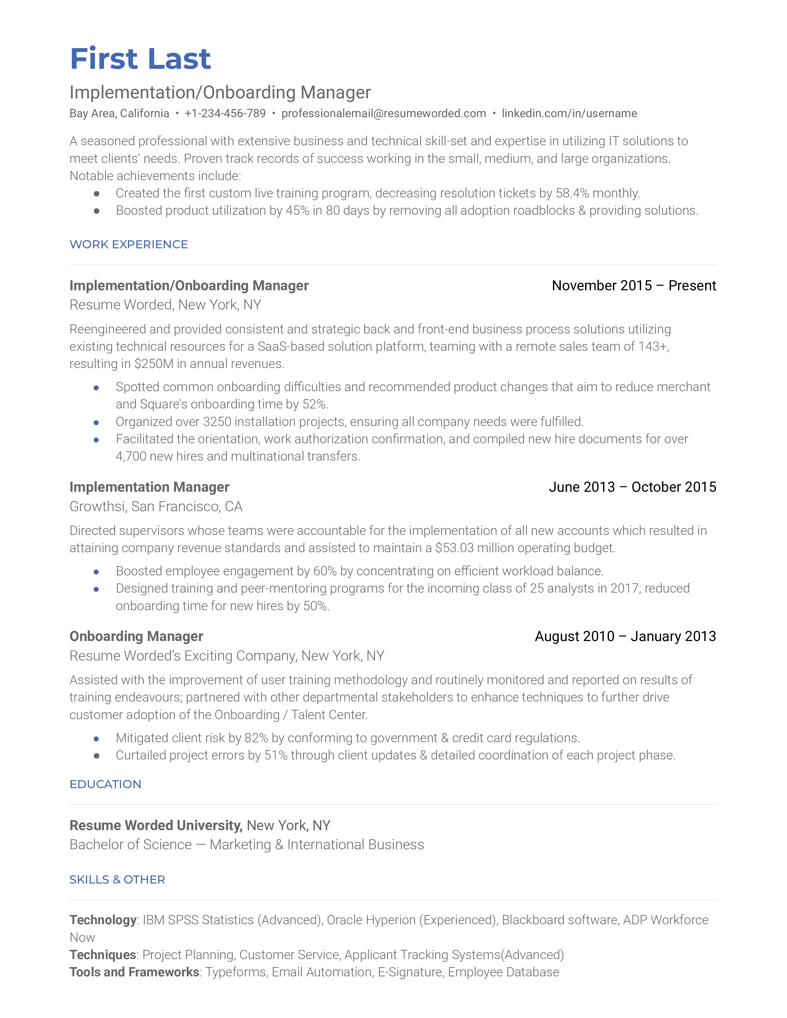 A well-structured CV of a seasoned Implementation/Onboarding Manager showcasing their experience and qualifications.