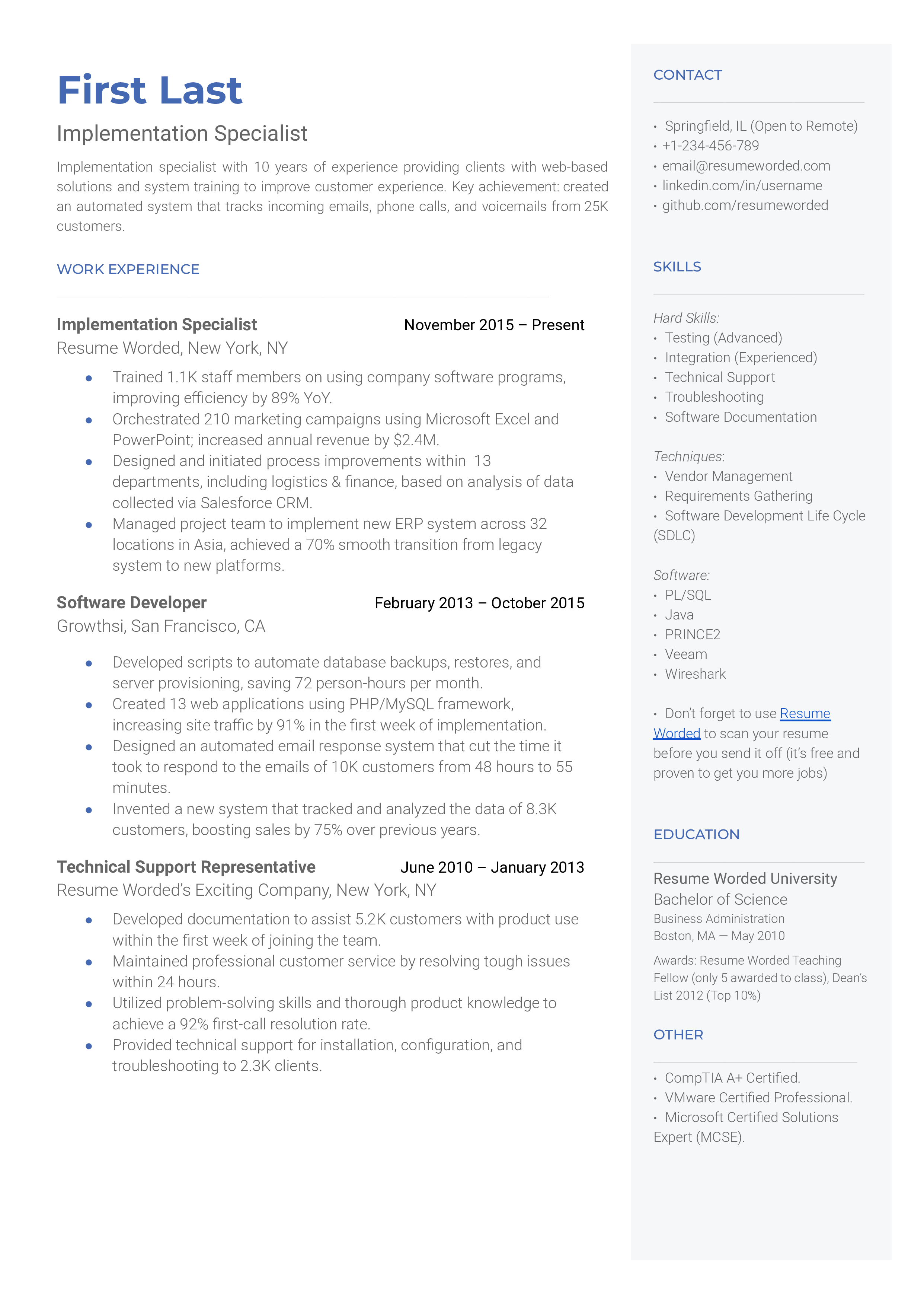 An implementation specialist resume template using strong action verbs