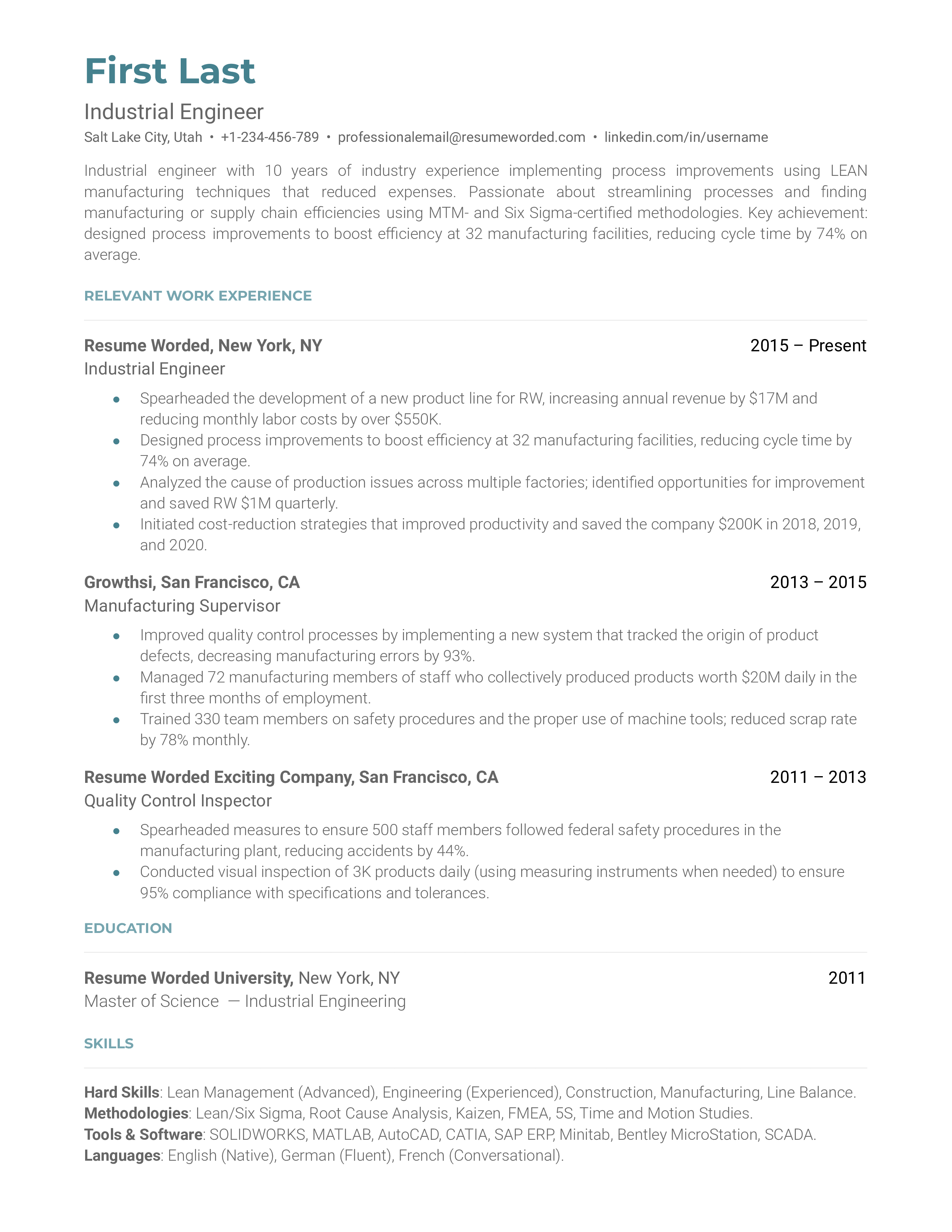 An industrial engineer resume template that emphasizes work experience