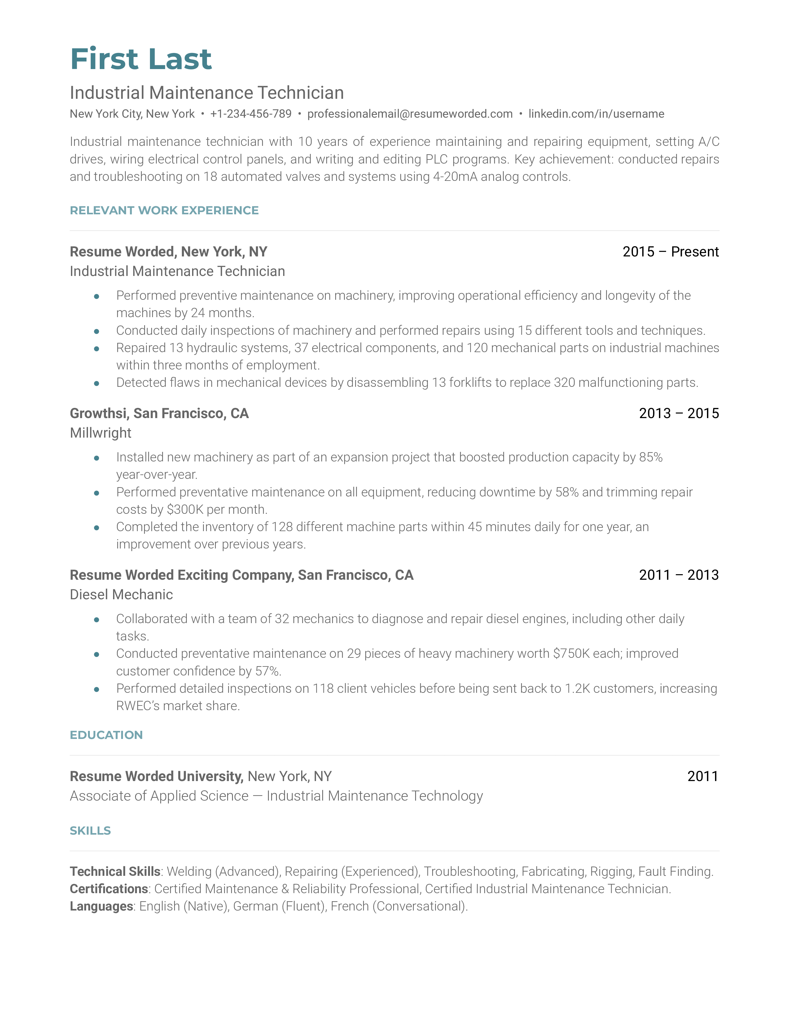 Snapshot of an Industrial Maintenance Technician CV showcasing technical skills and certifications.