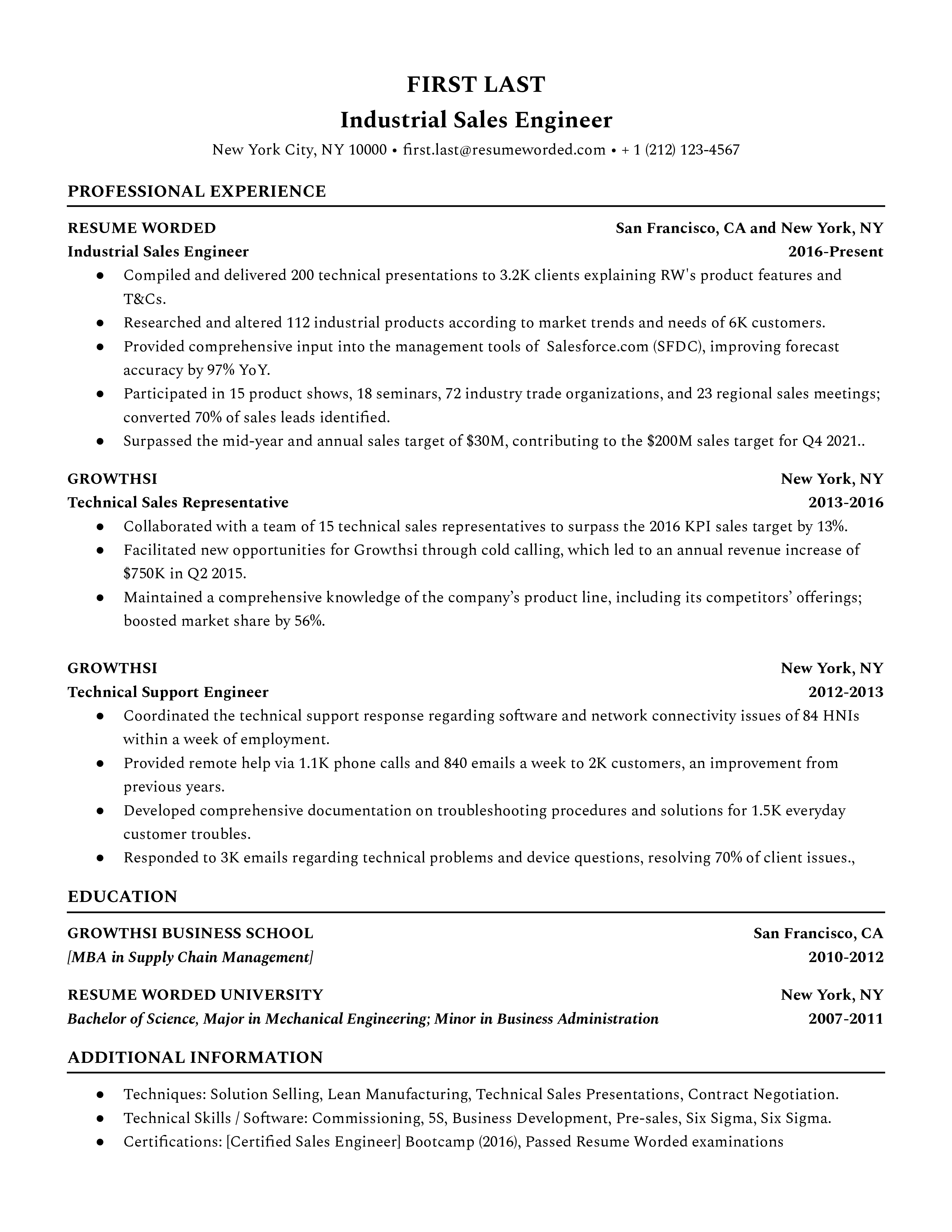 An industrial sales engineer resume template that prioritizes work experience