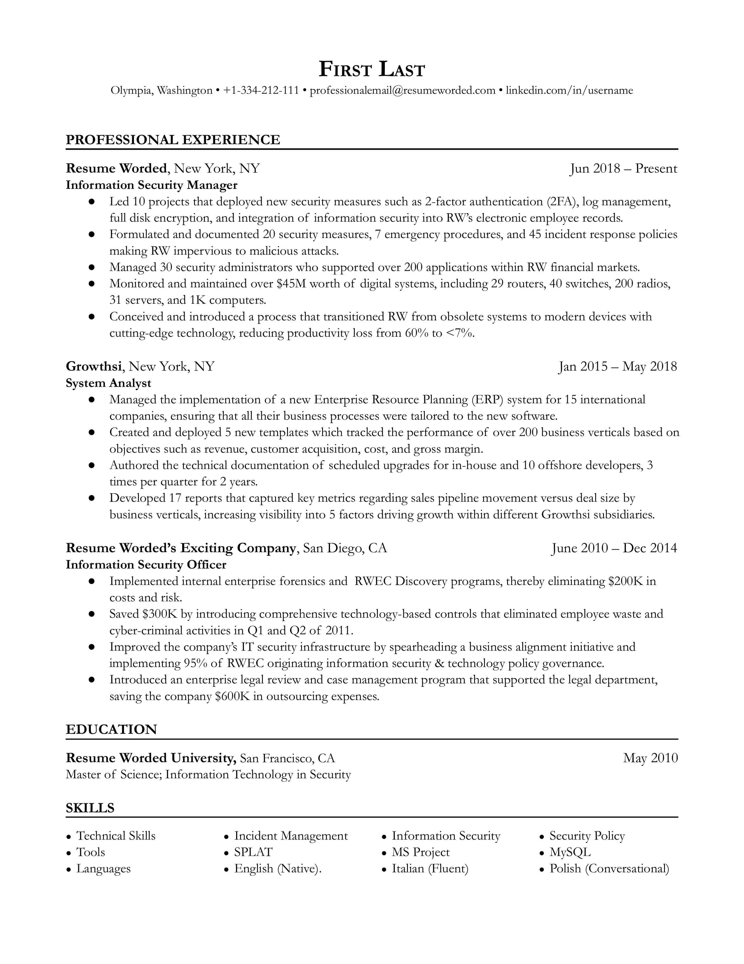 A CV detailing the skills, experiences and certifications of an Information Security Manager.