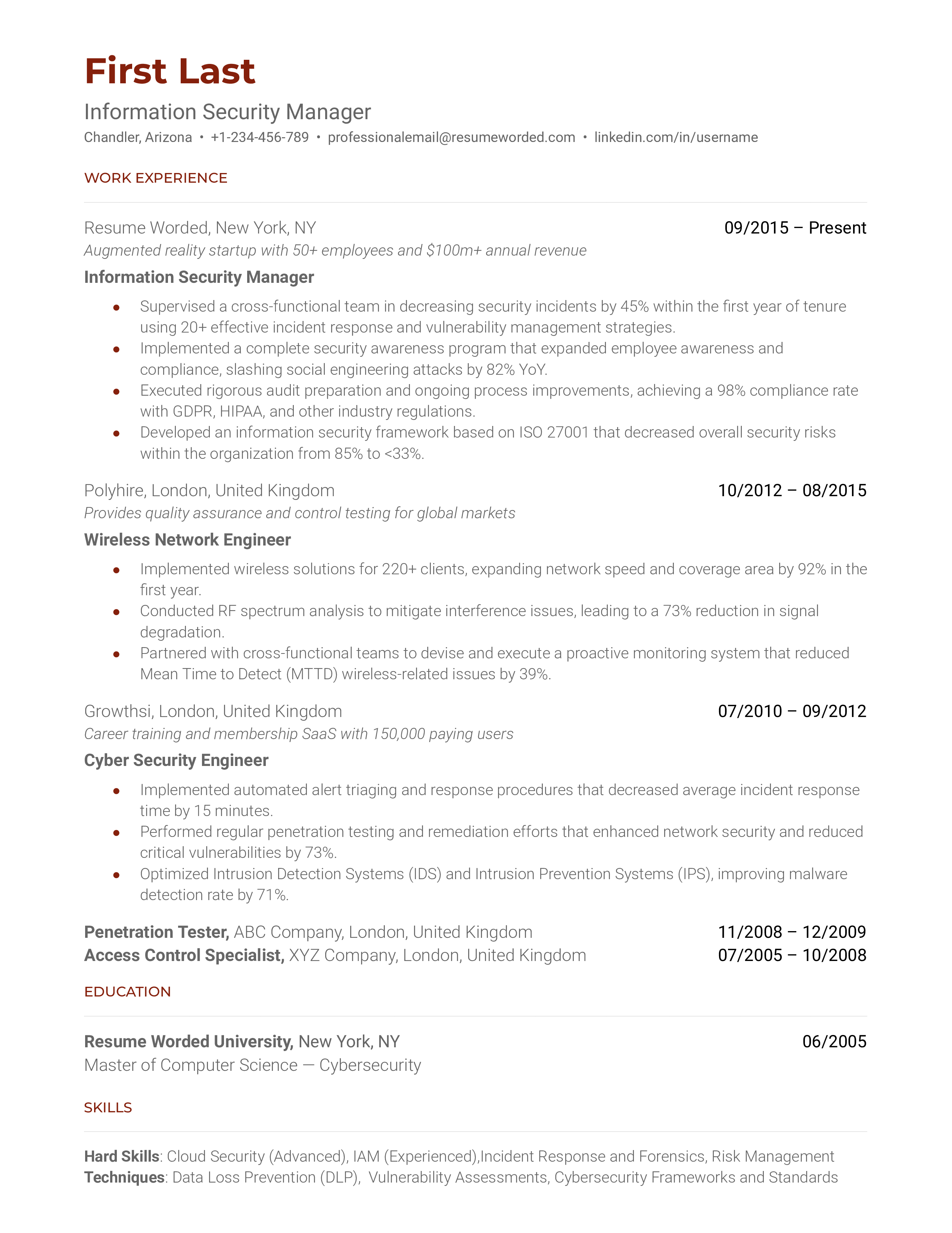 A well-structured resume for an Information Security Manager position.