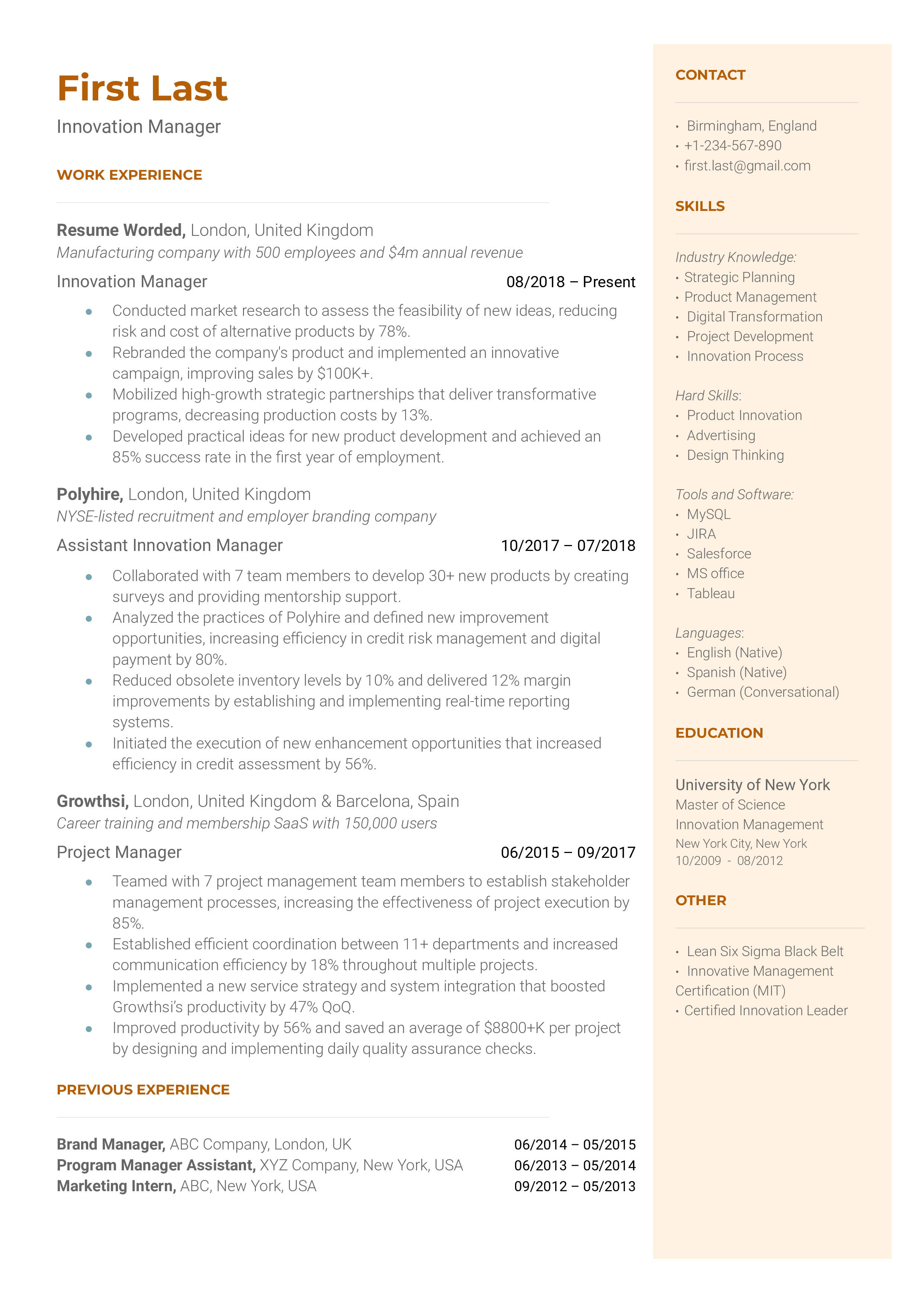 Annotated screenshot of a CV for an Innovation Manager role.