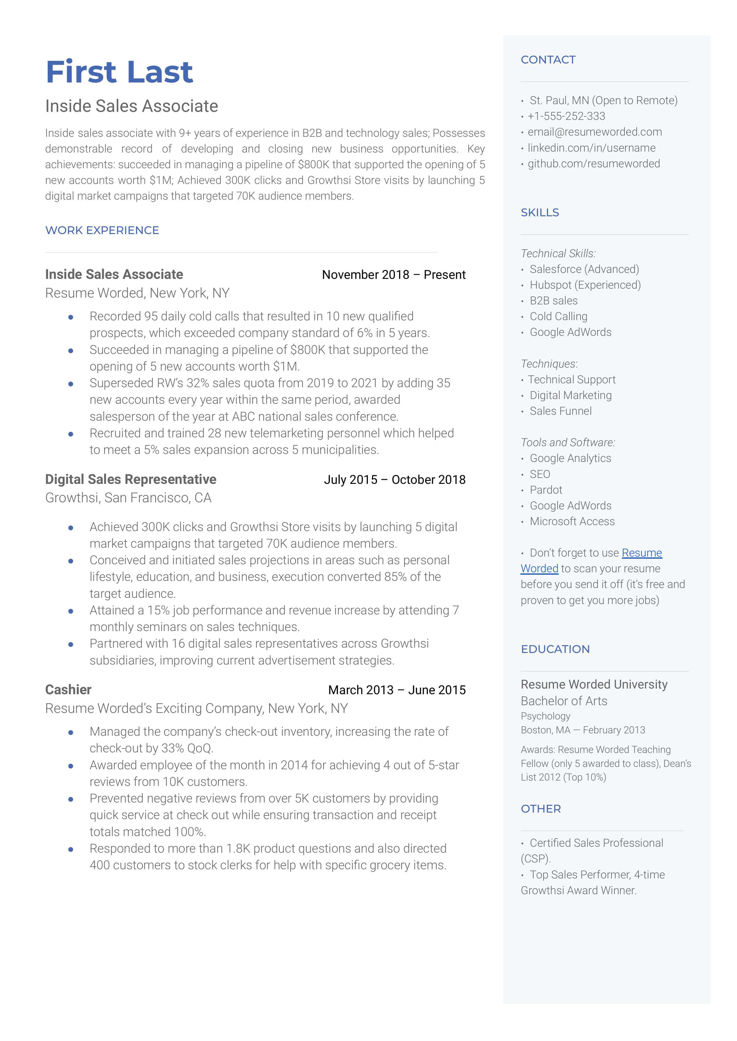 A snapshot of a CV optimised for an Inside Sales Associate role.