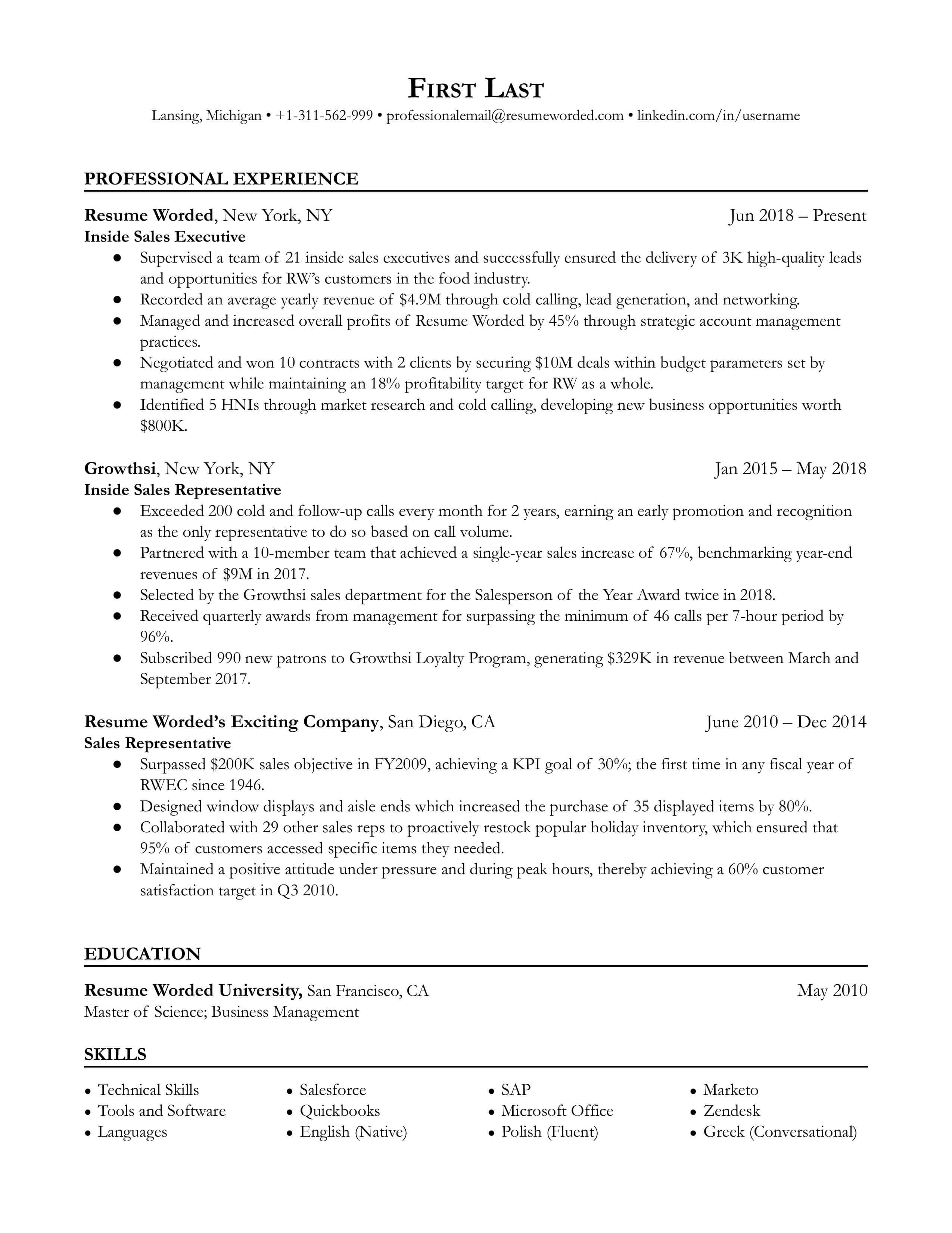 Inside Sales Executive Resume Template + Example
