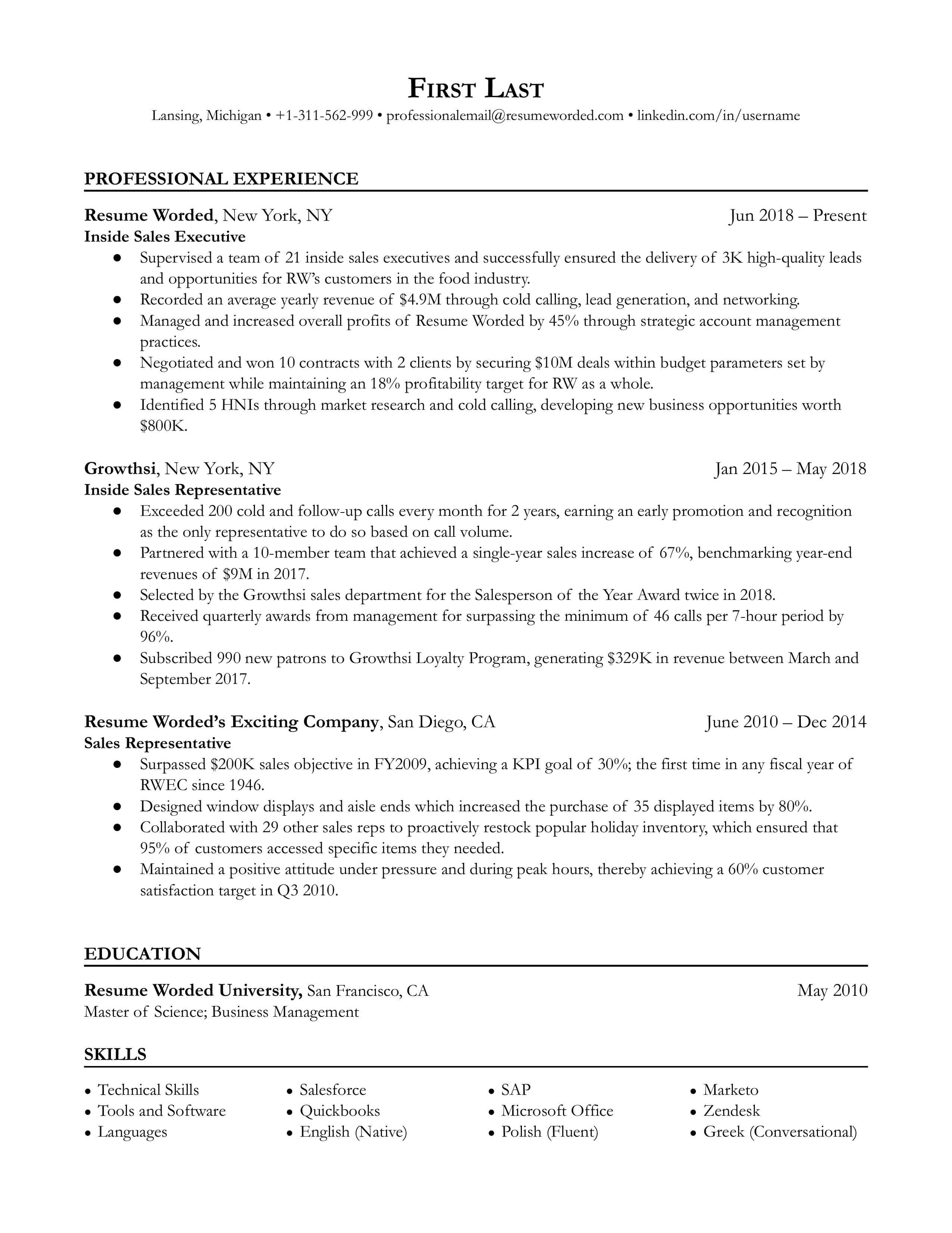 Screenshot of a CV for an Inside Sales Executive role highlighting digital skills and relationship-building experiences.