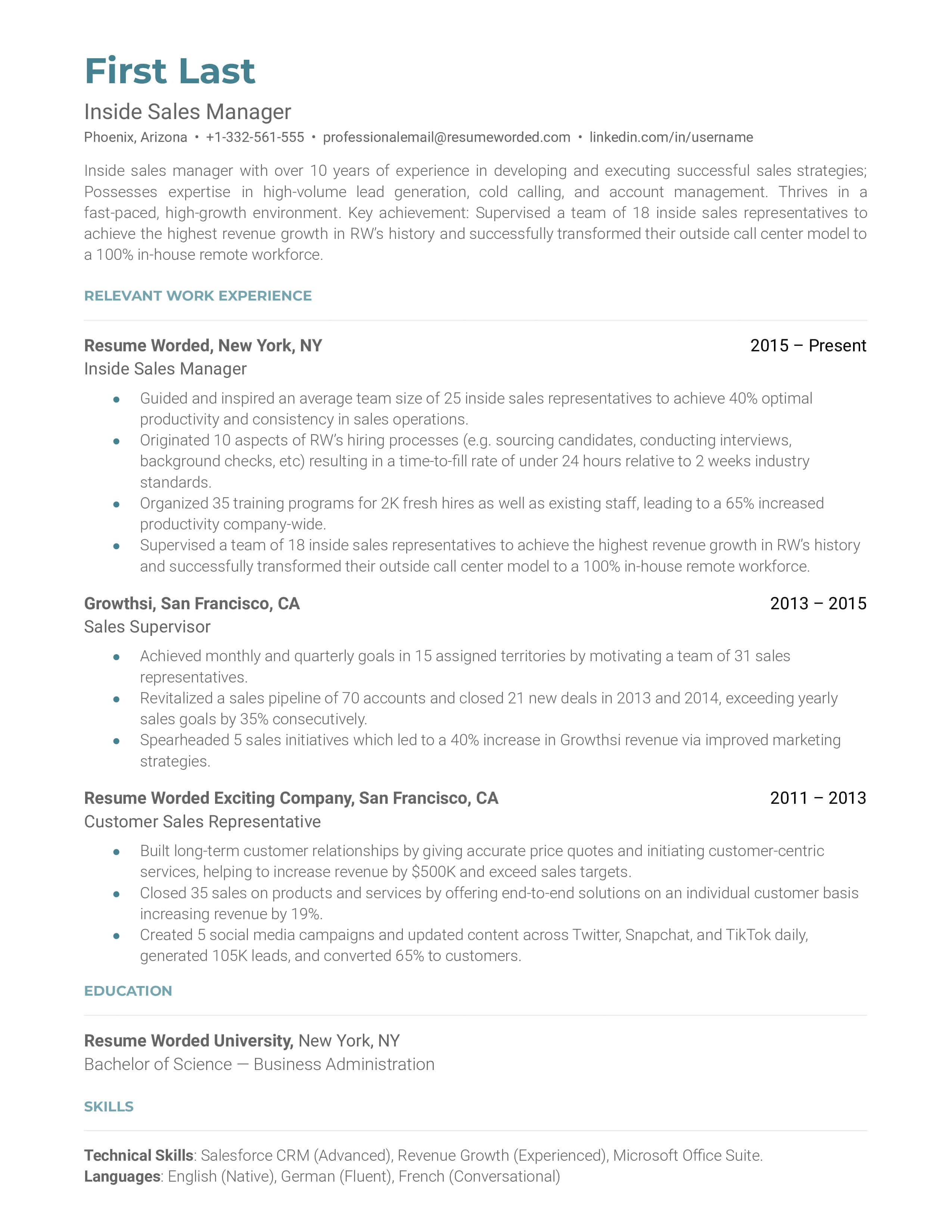 This resume highlights the experience and skills of an inside sales manager in different companies. 