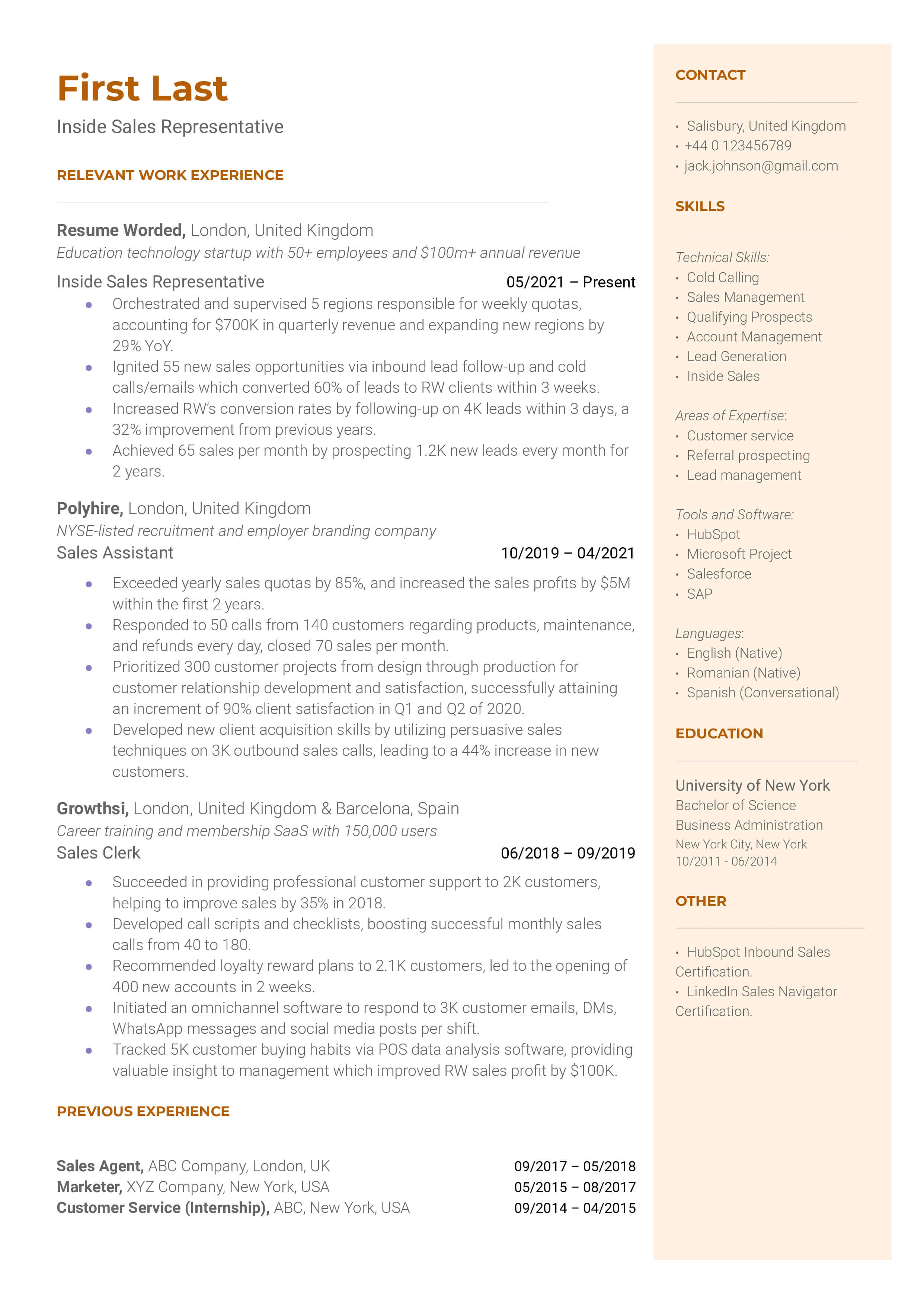 A CV screenshot showcasing job experience and skills relevant for Inside Sales Representatives.