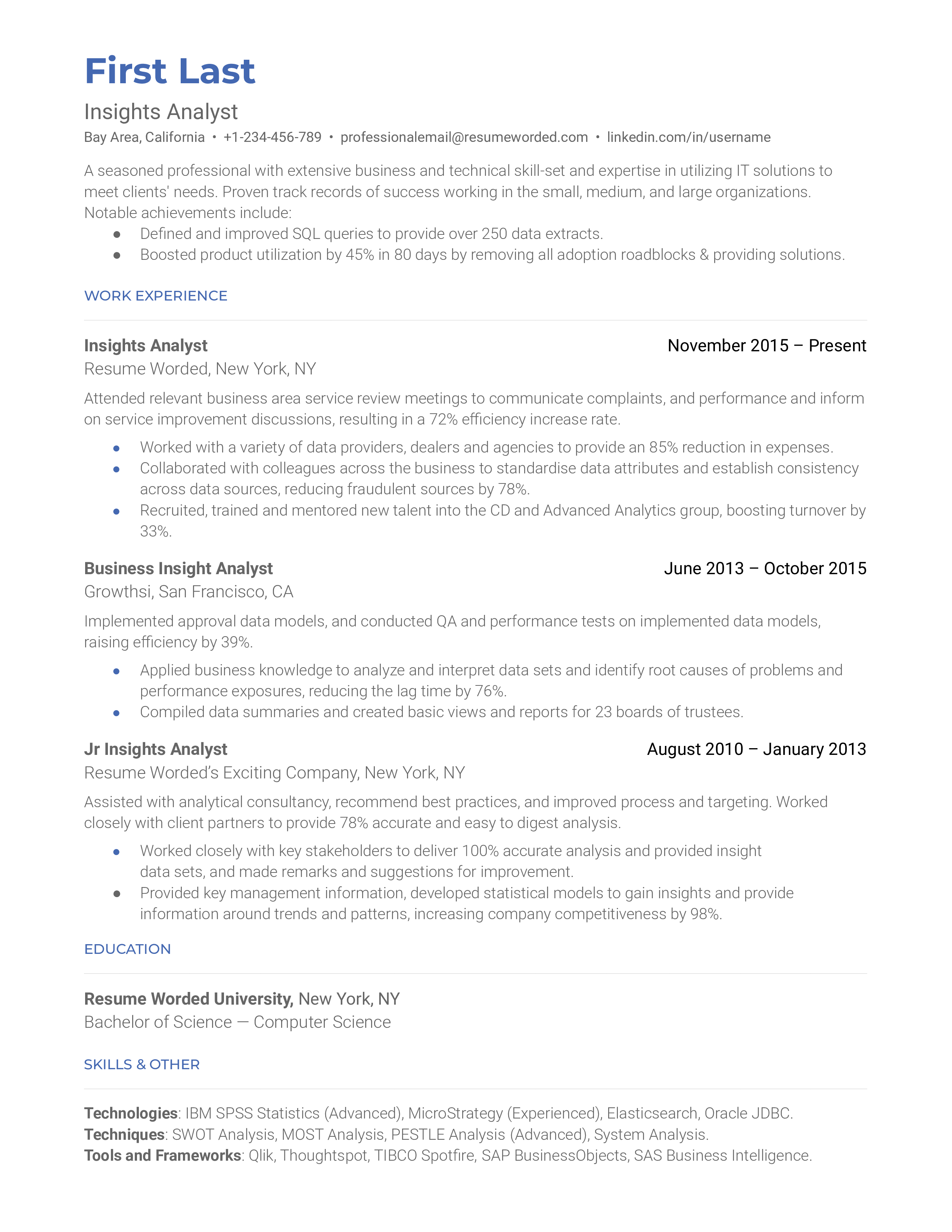 Insights Analyst Resume Sample