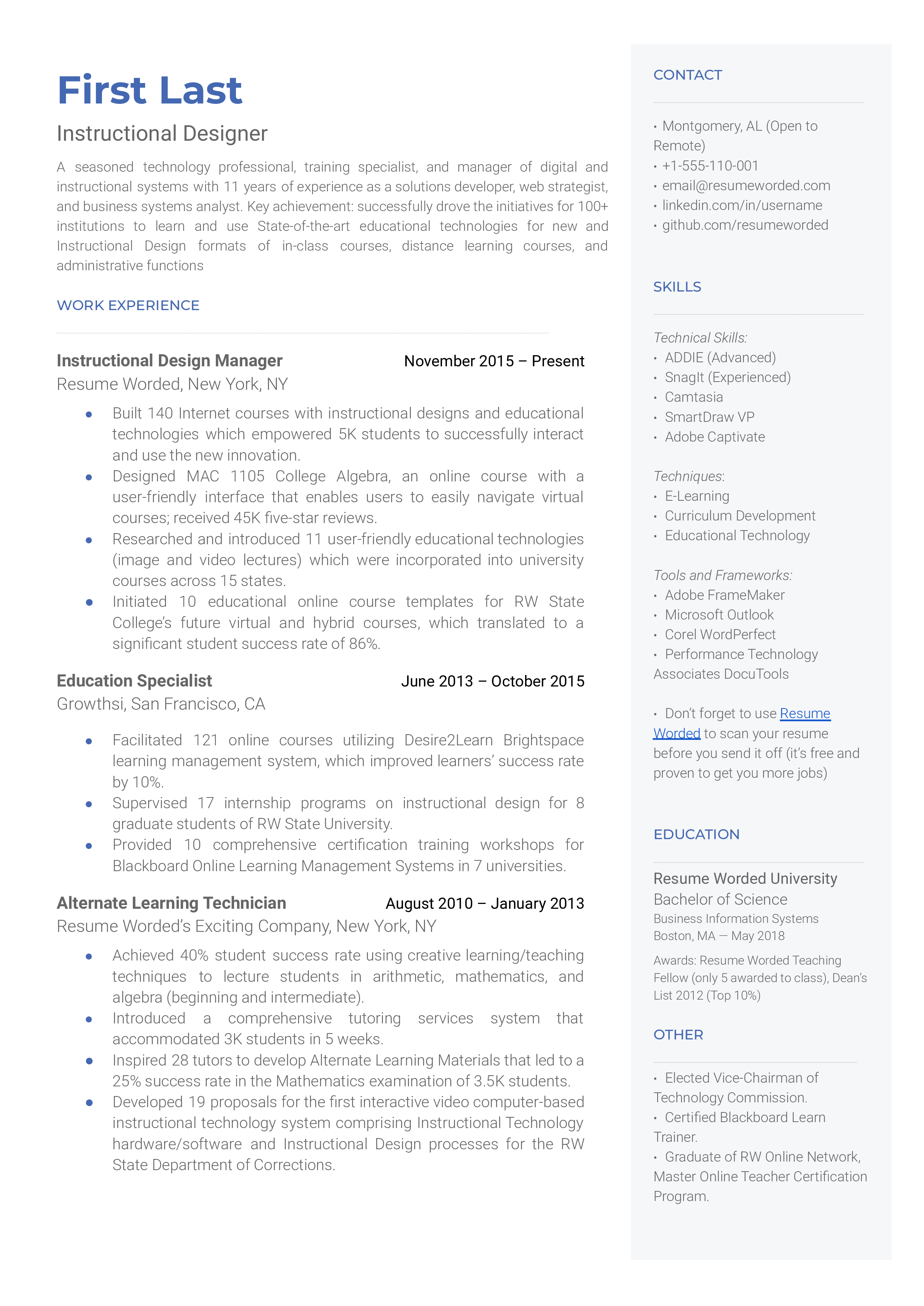 An instructional designer resume showcasing experience and technical skills in developing online courses and educational technologies.