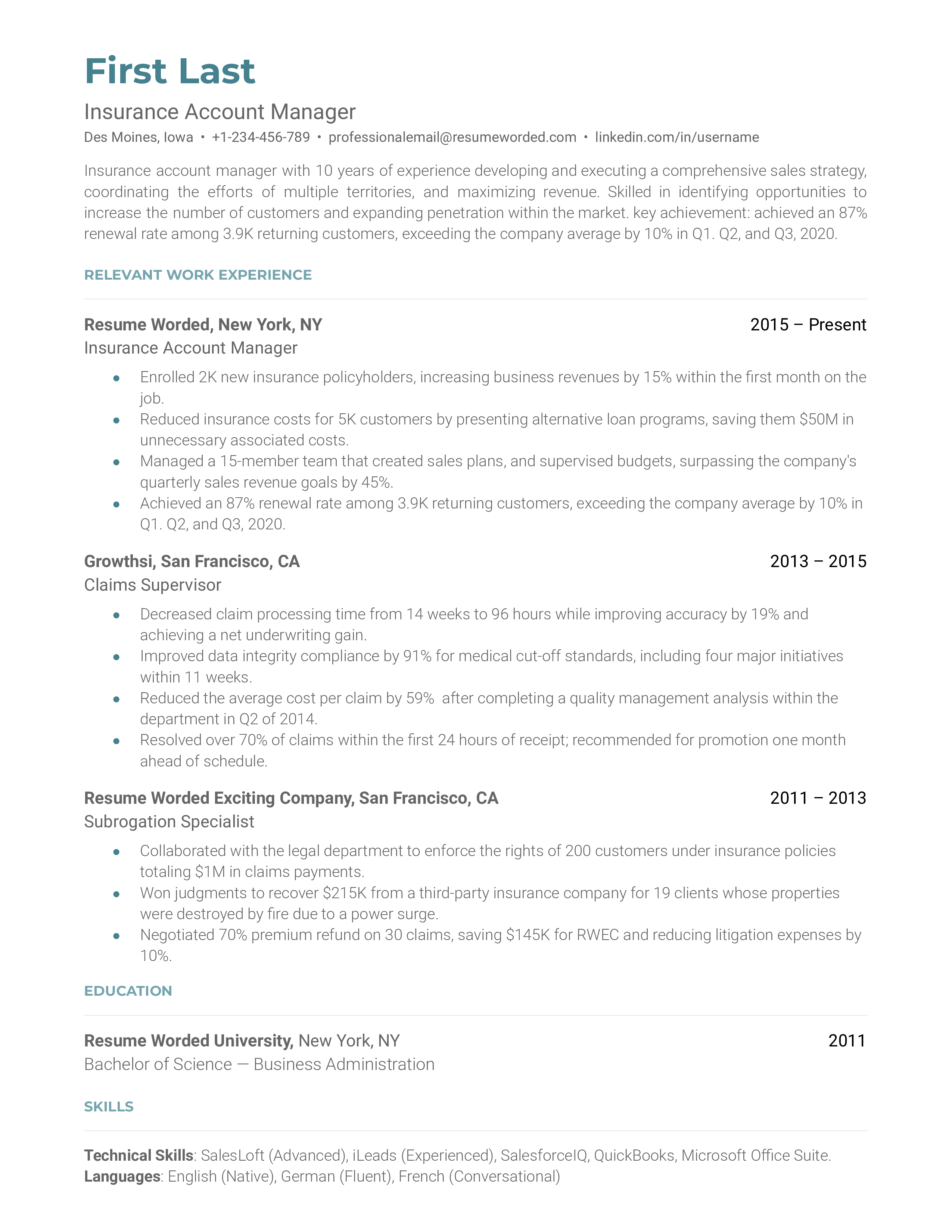 An insurance account manager resume sample that highlights the applicant’s insurance background and key achievements.