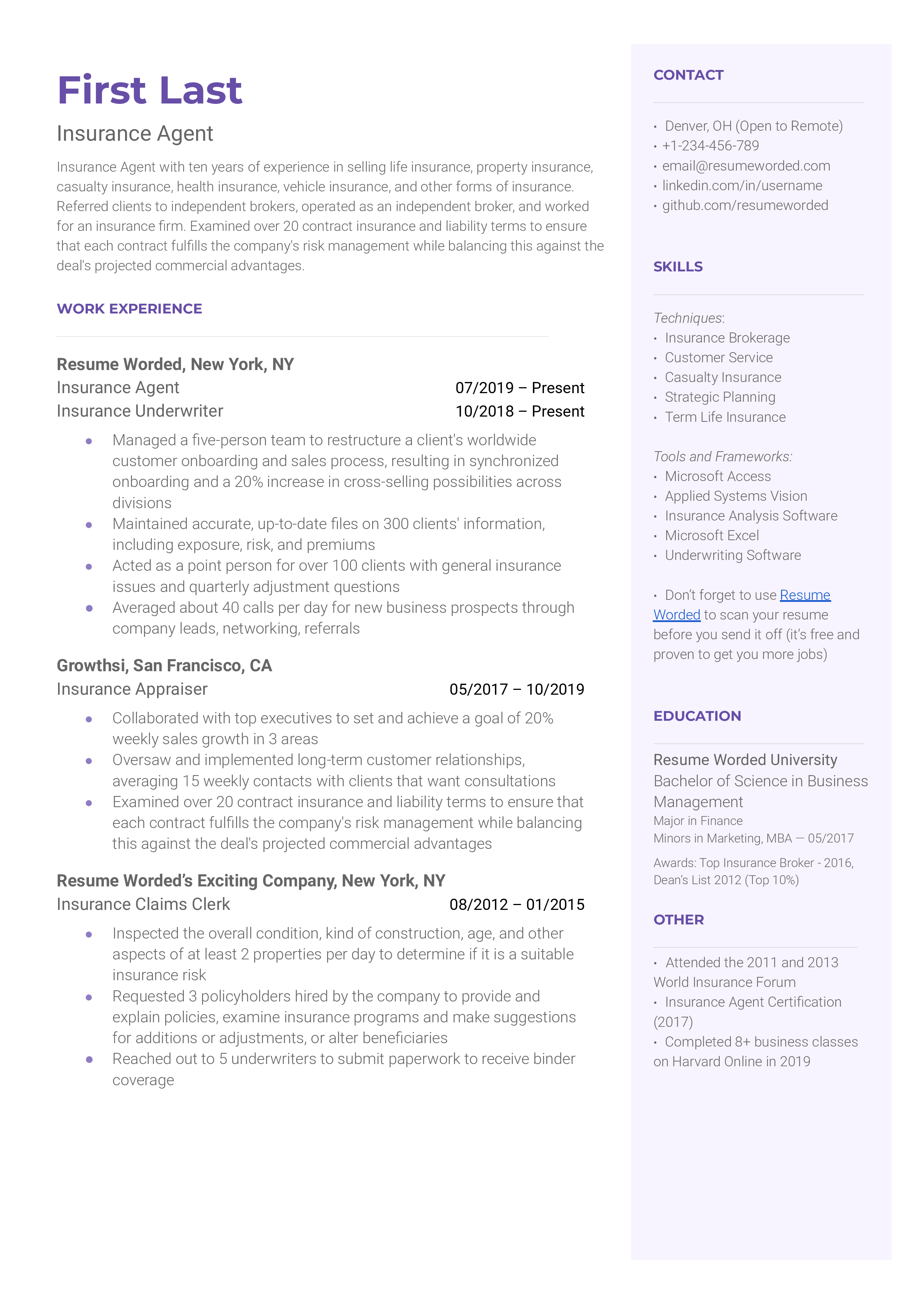 Insurance agent resume sample that highlights the applicant's sales success and educational background.