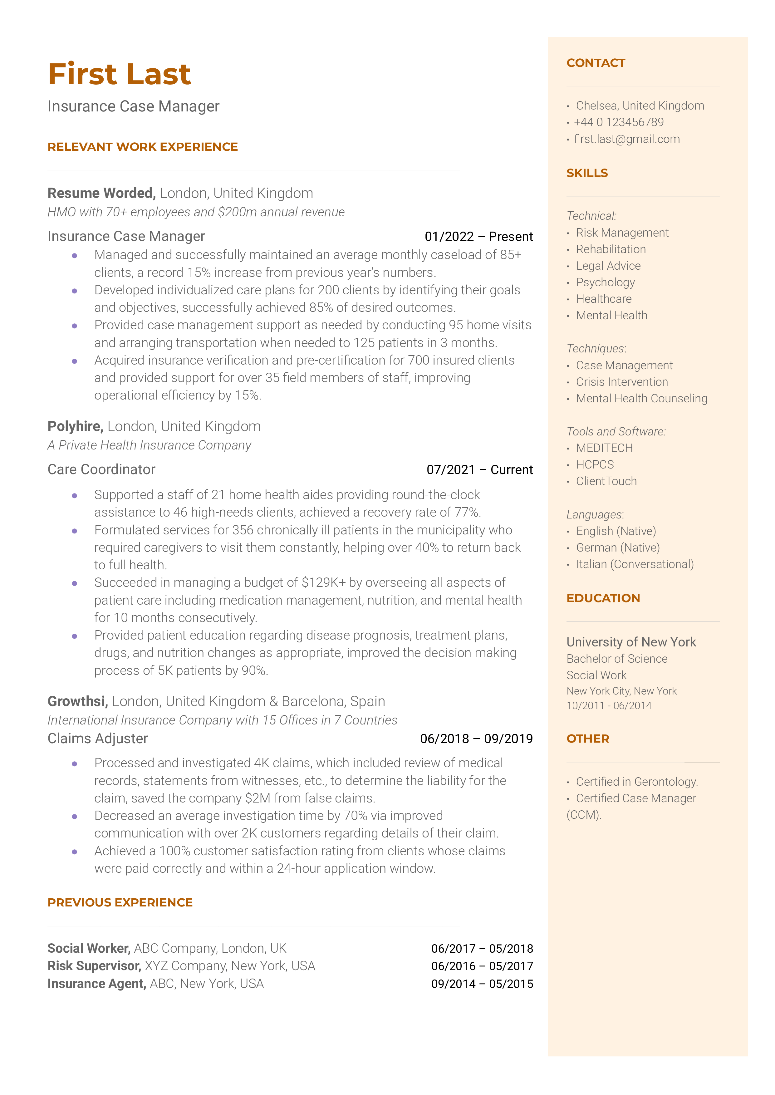 Insurance Case Manager Resume Template + Example