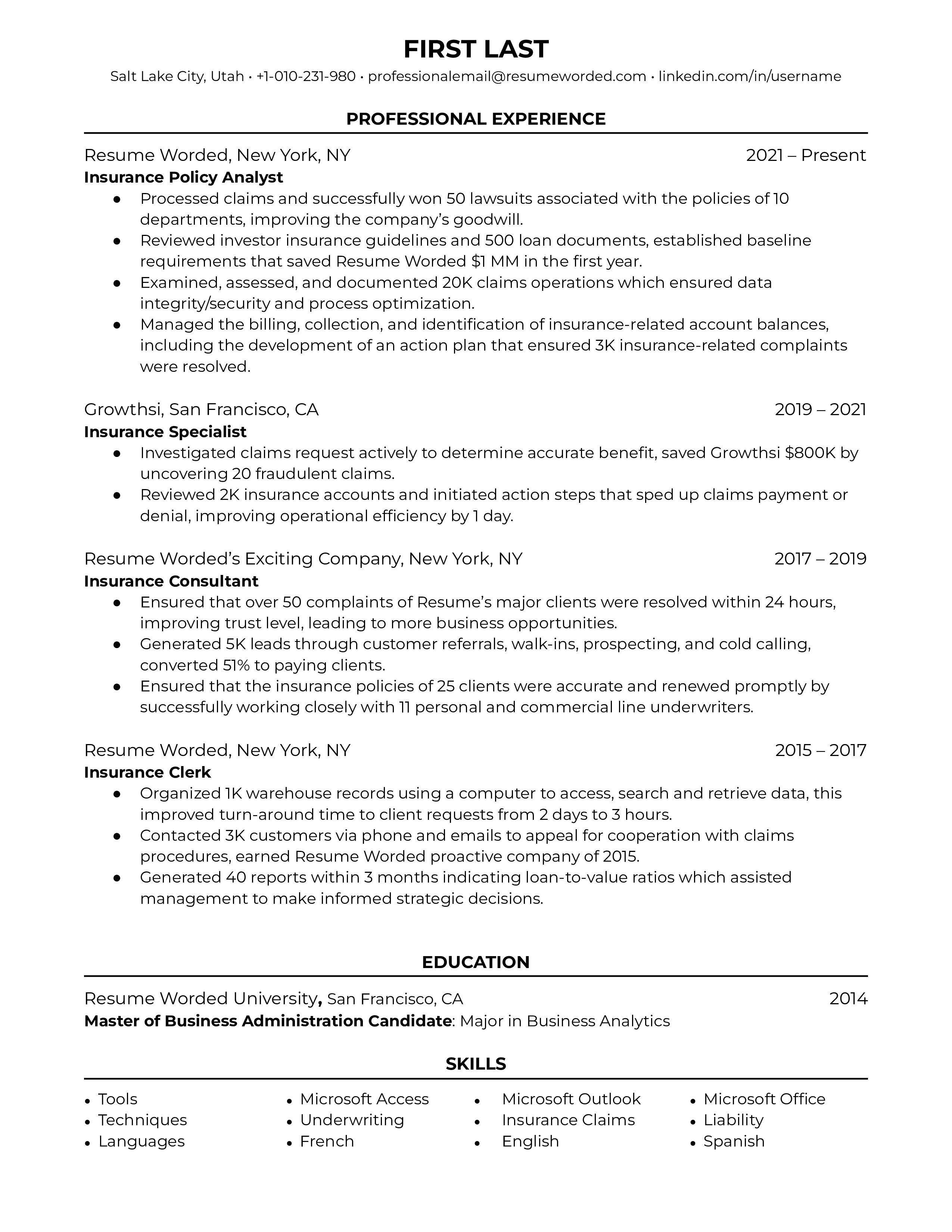 An Insurance Policy Analyst's CV showcasing their expertise in policy knowledge and the use of technology in analysis.