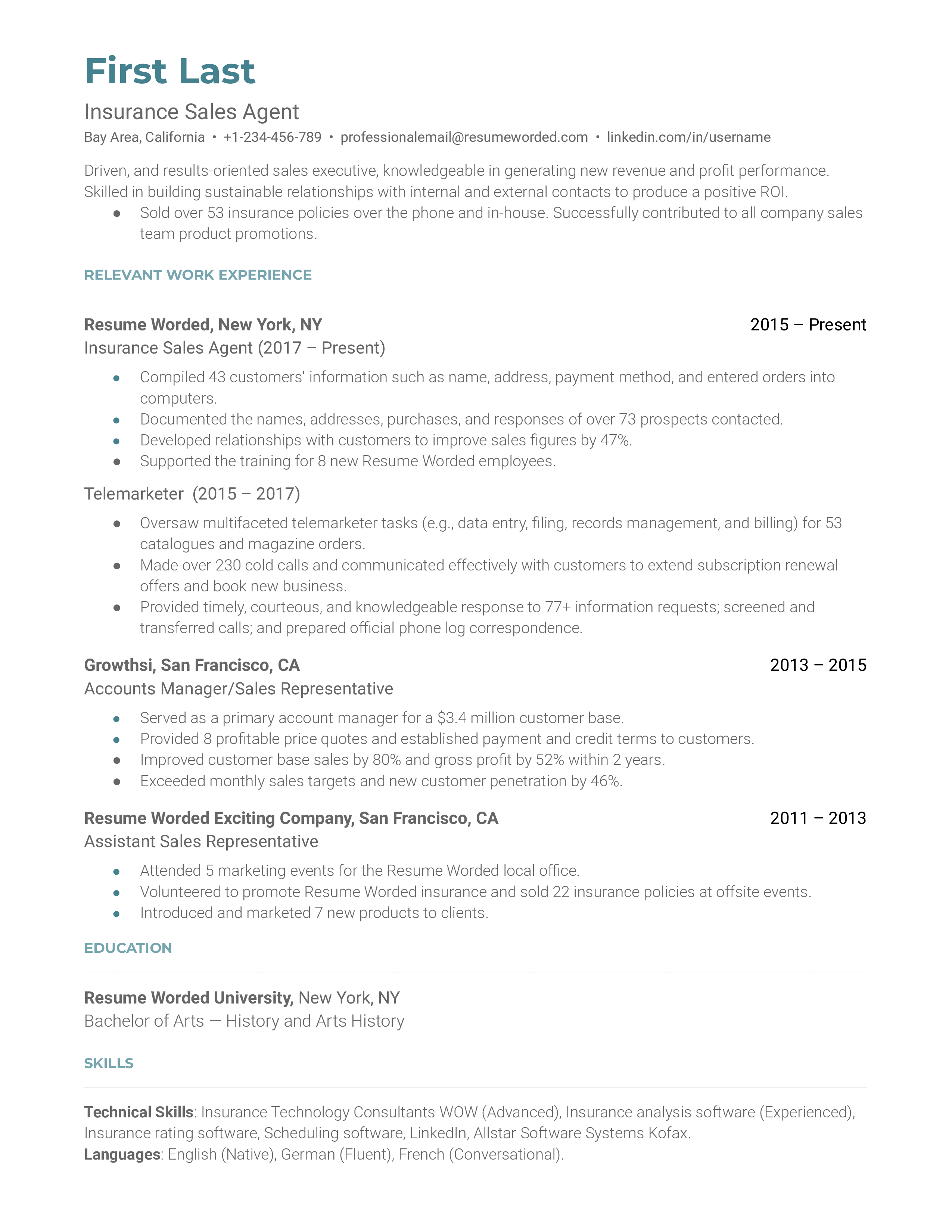 Insurance Sales Agent Resume Template + Example