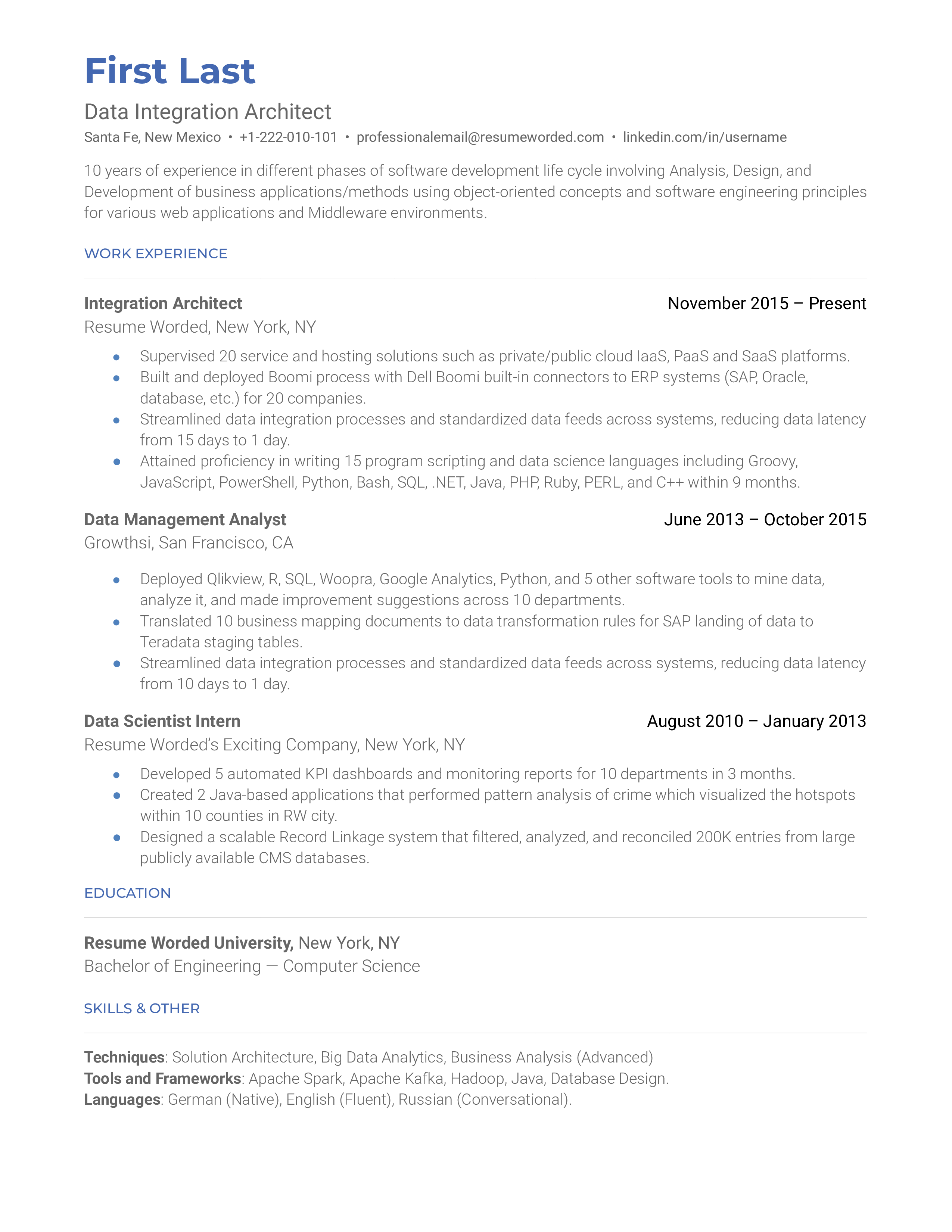 A data integration architecture resume showing applicant's experience in Software Development Life Cycle