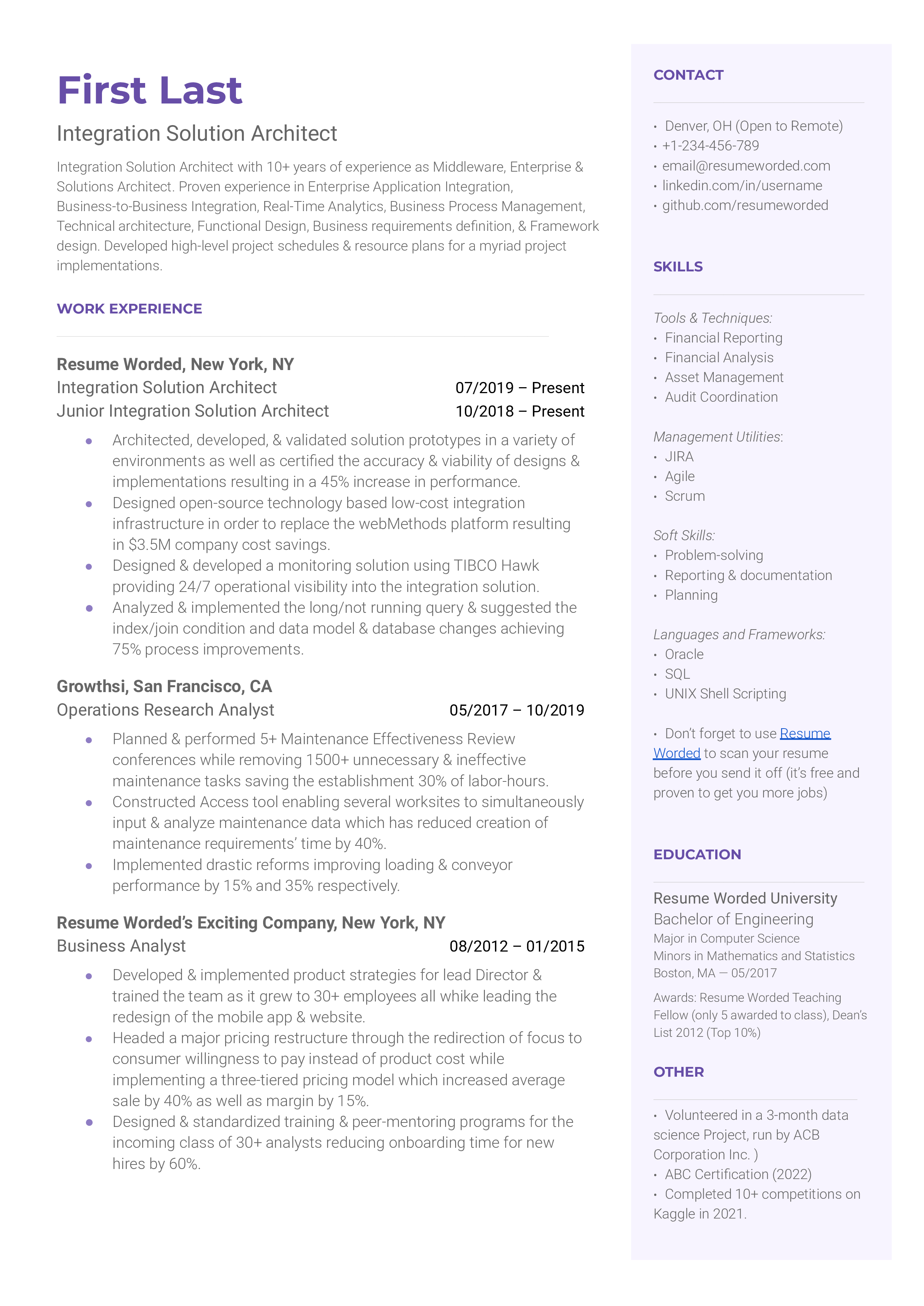 A resume template showing the experience and skillset of an Integration Solution Architect with 10+ years in the industry
