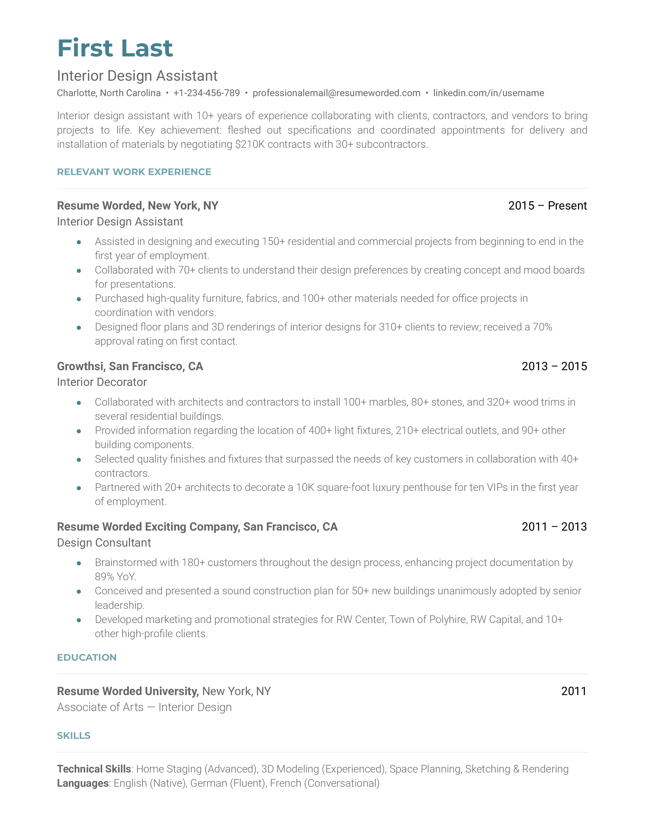 Interior Design Assistant's CV highlighting creative and technical skills.