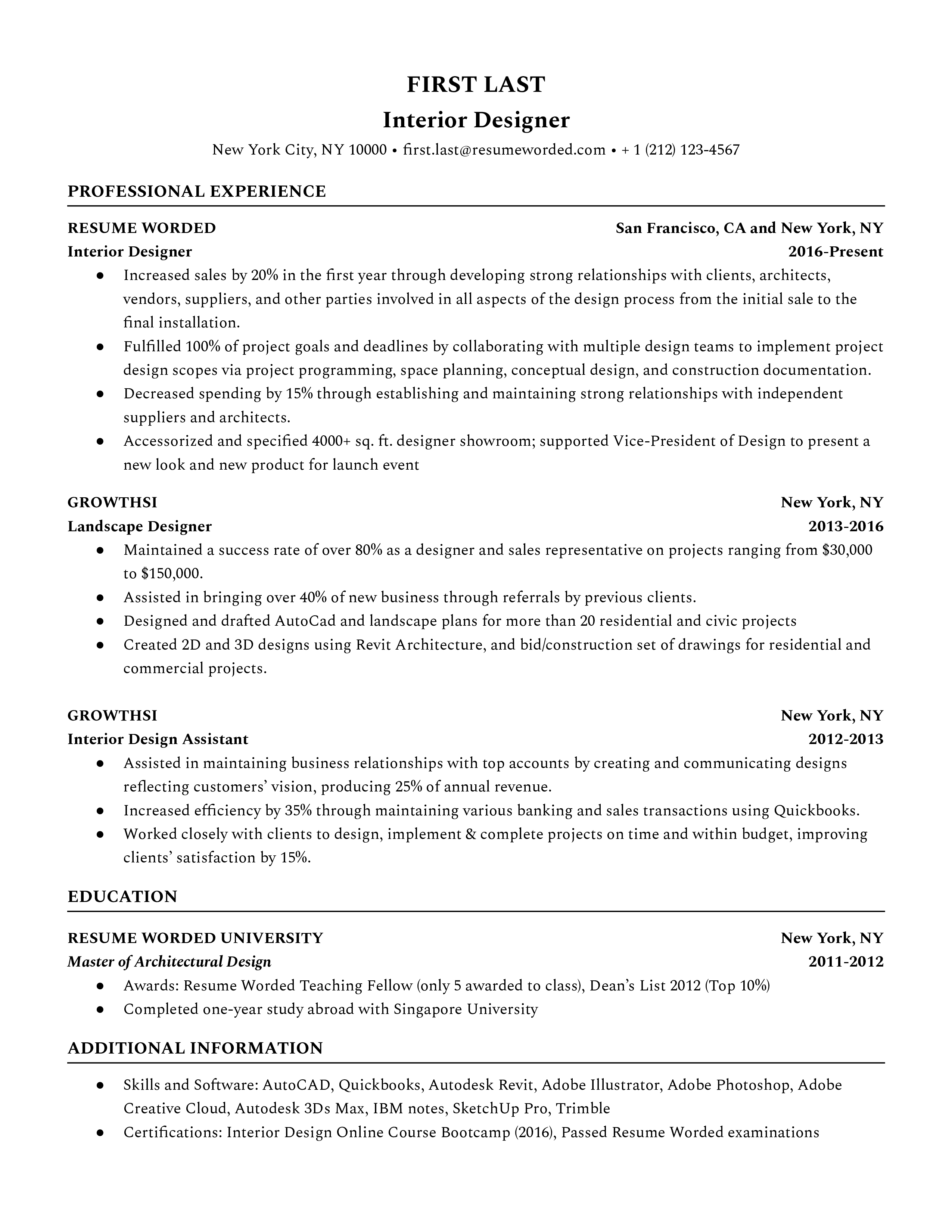 Interior designer resume featuring design software skills and diverse project accomplishments.
