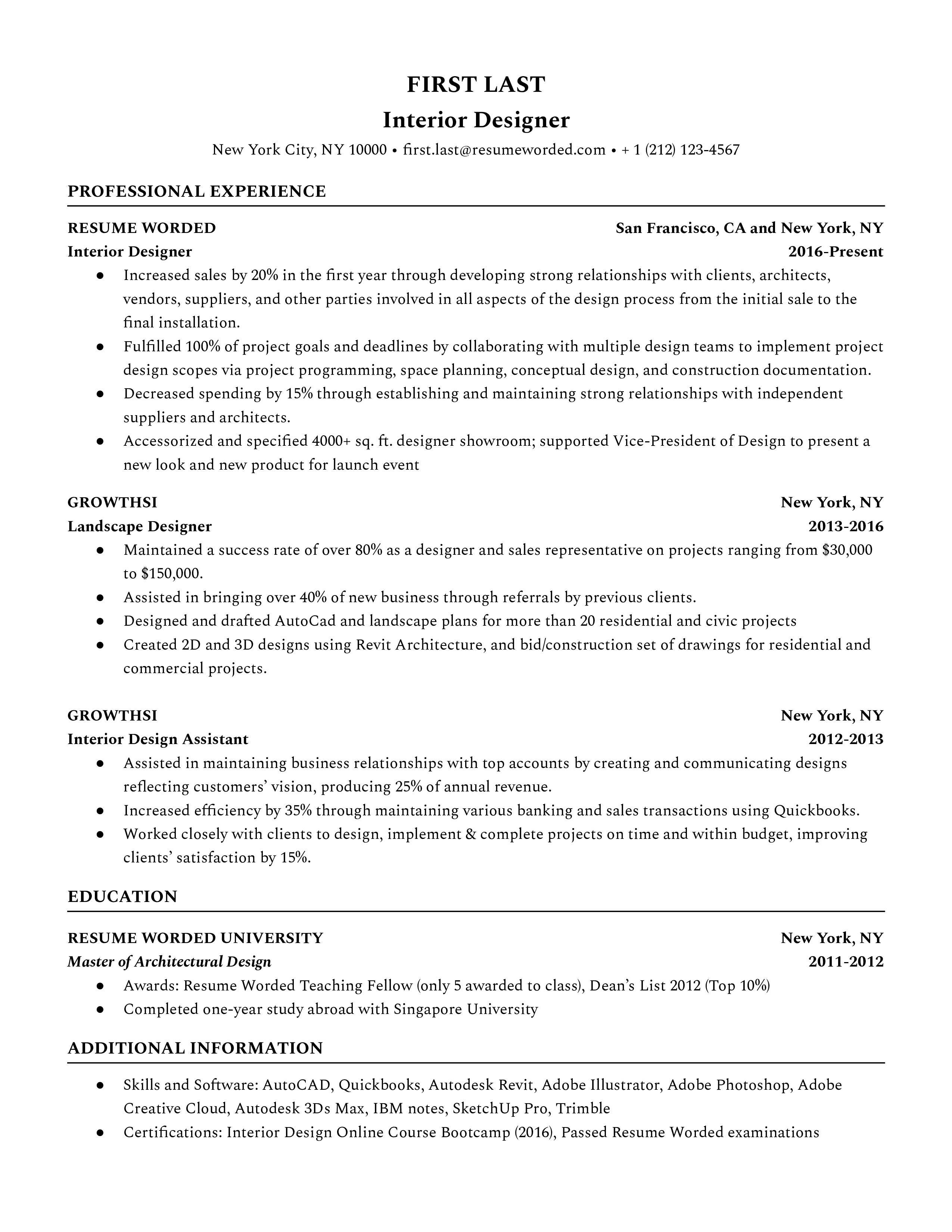 A CV screenshot highlighting software proficiency and project management skills for an Interior Designer role.