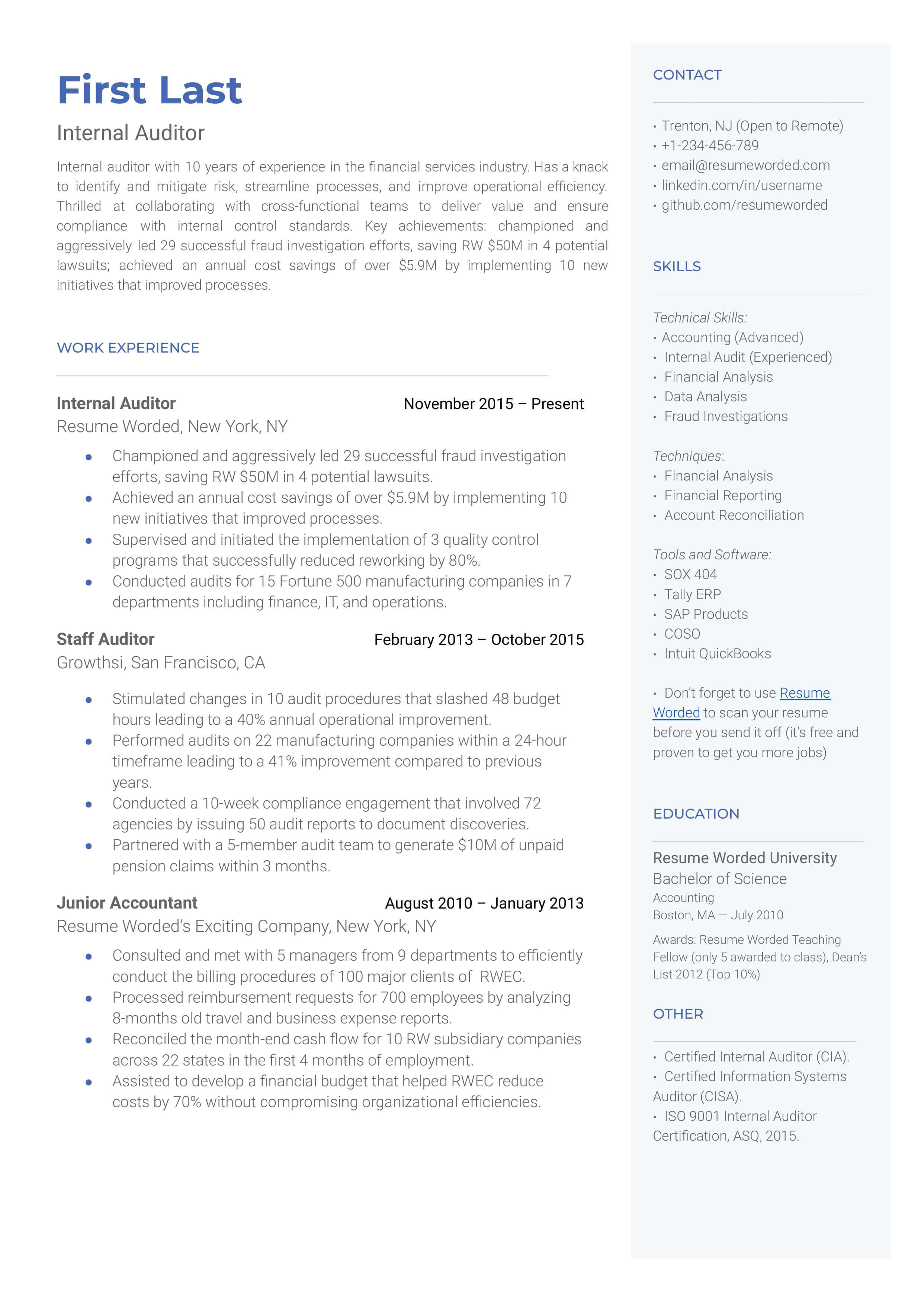 Professional CV of an internal auditor emphasizing software proficiency and risk management skills.