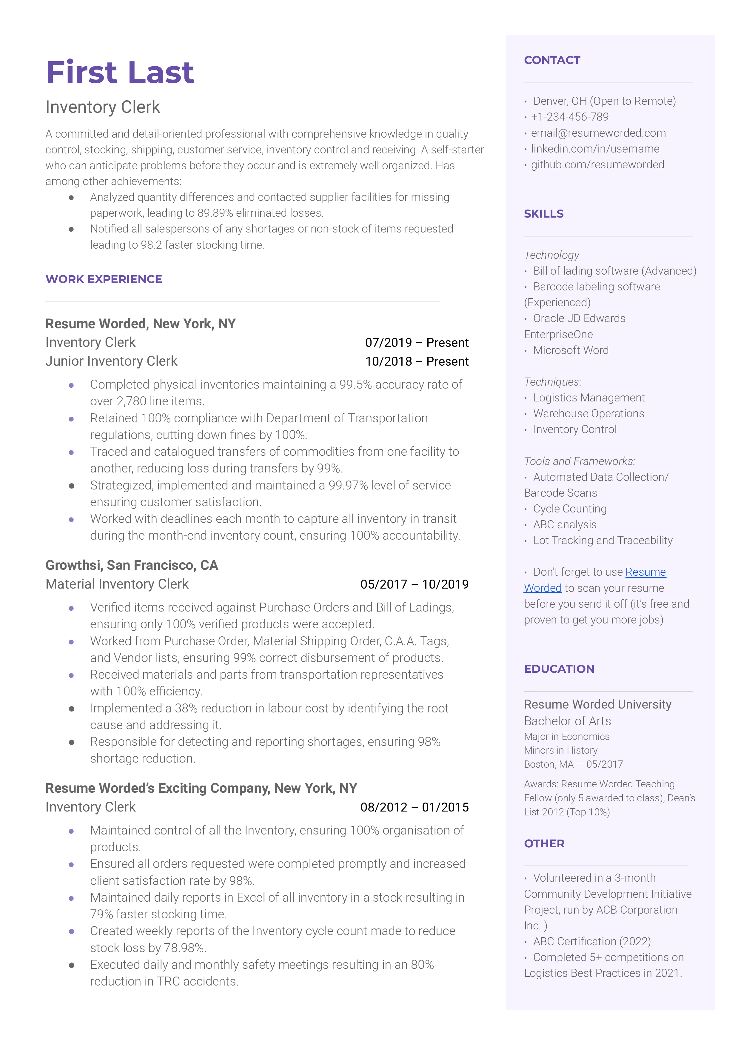 A CV for an Inventory Clerk displaying specific inventory software skills and strong organizational examples.