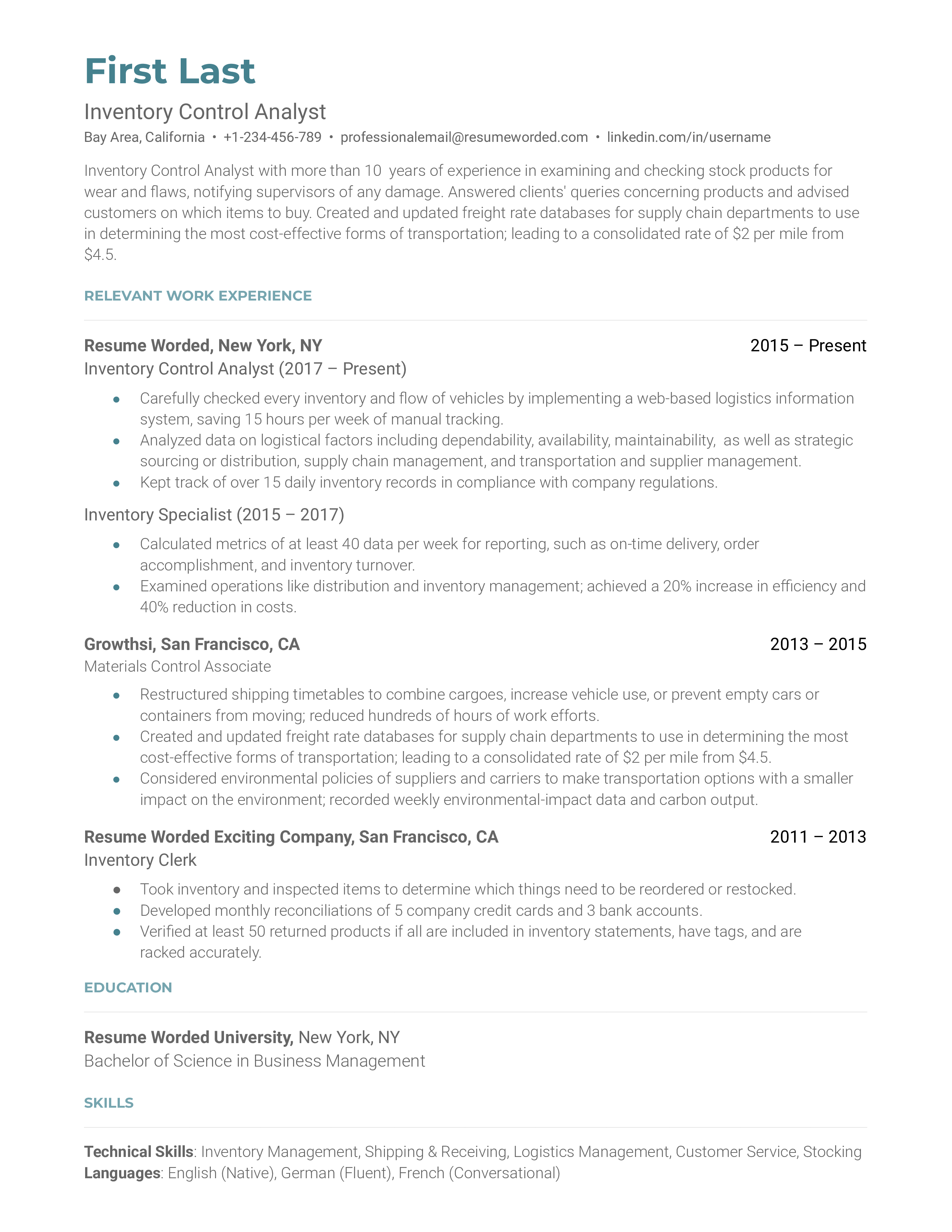An Inventory Control Analyst resume sample showing the applicant's extensive work experience and inventory management skills