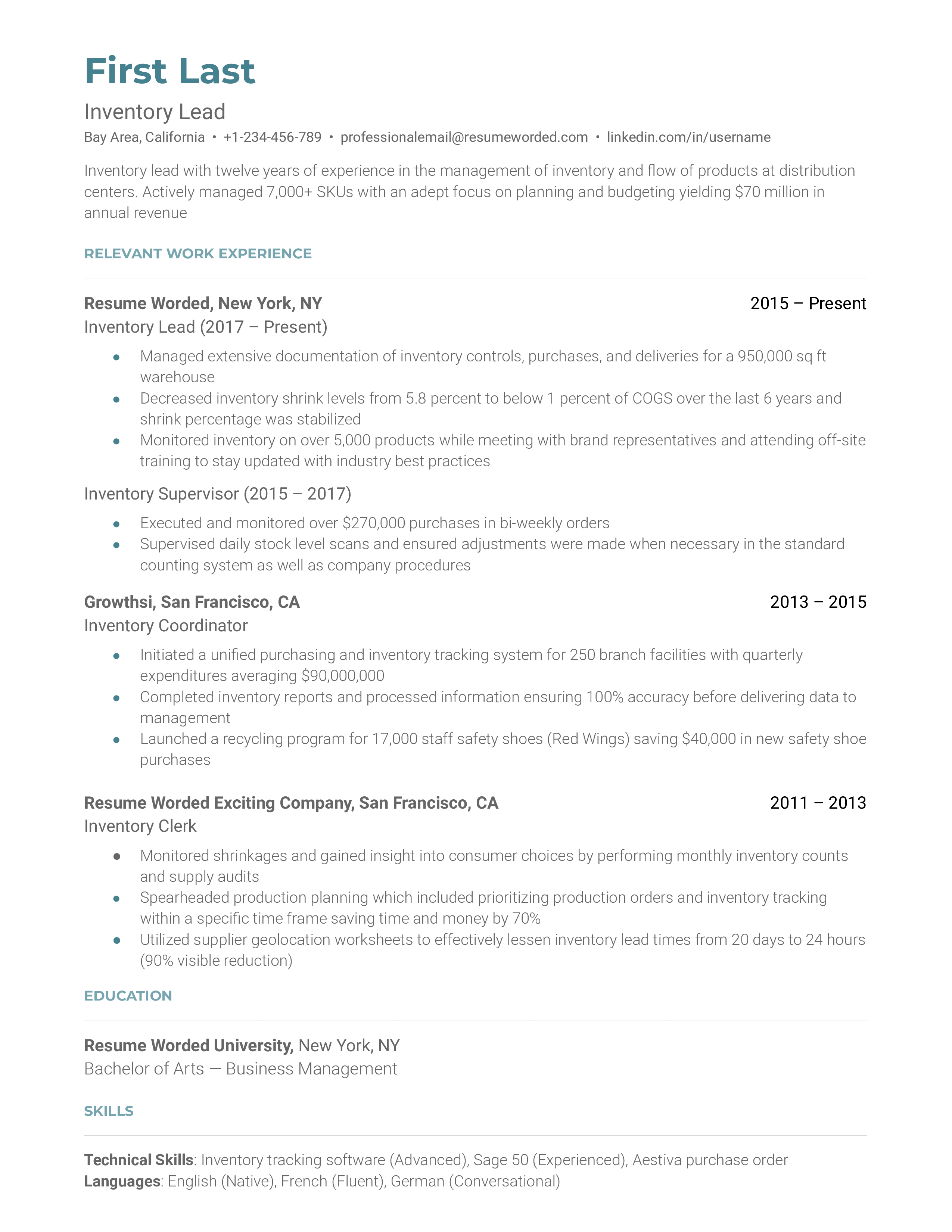 An Inventory Lead resume example highlighting extensive work experience and career growth.