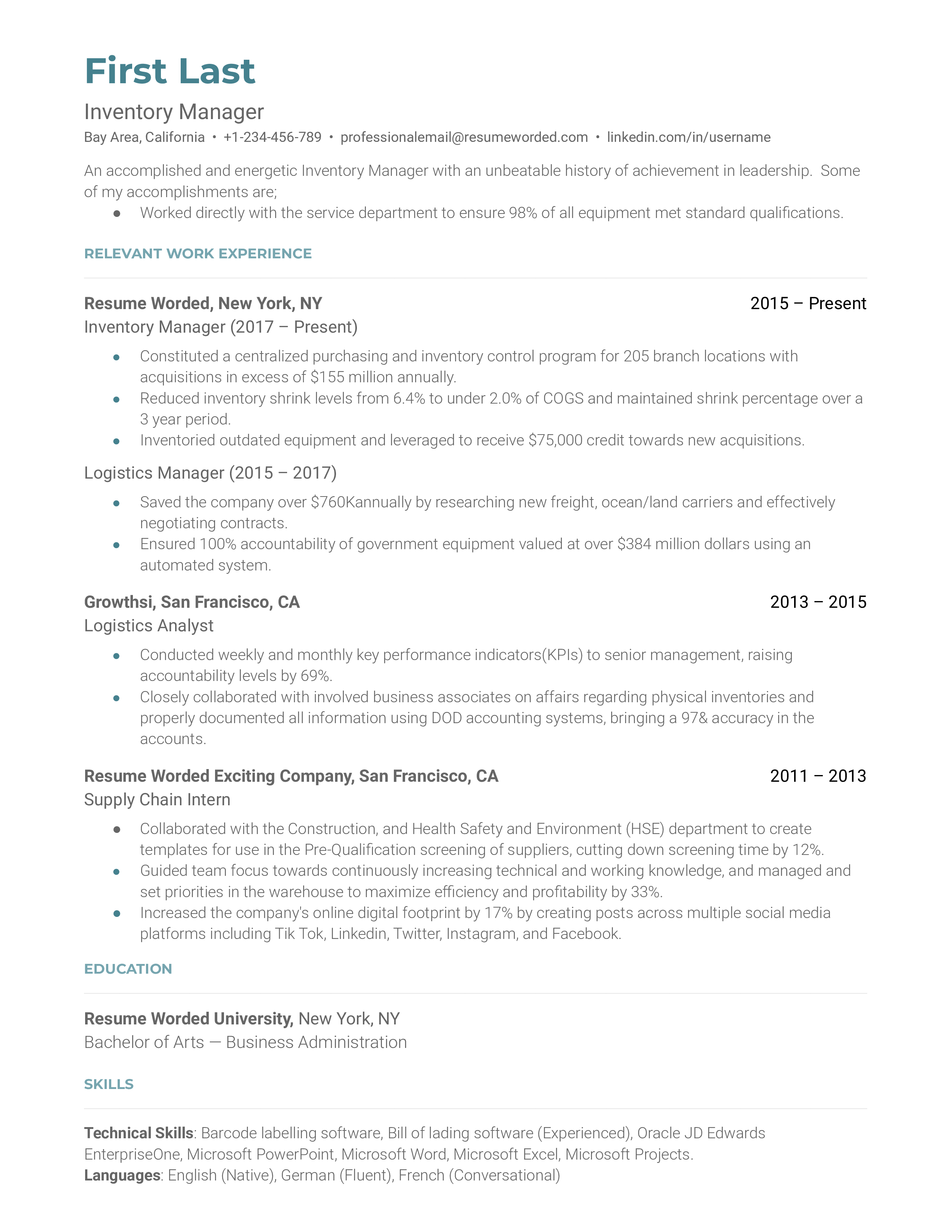 A Inventory Manager resume template showing showcasing accomplishments.