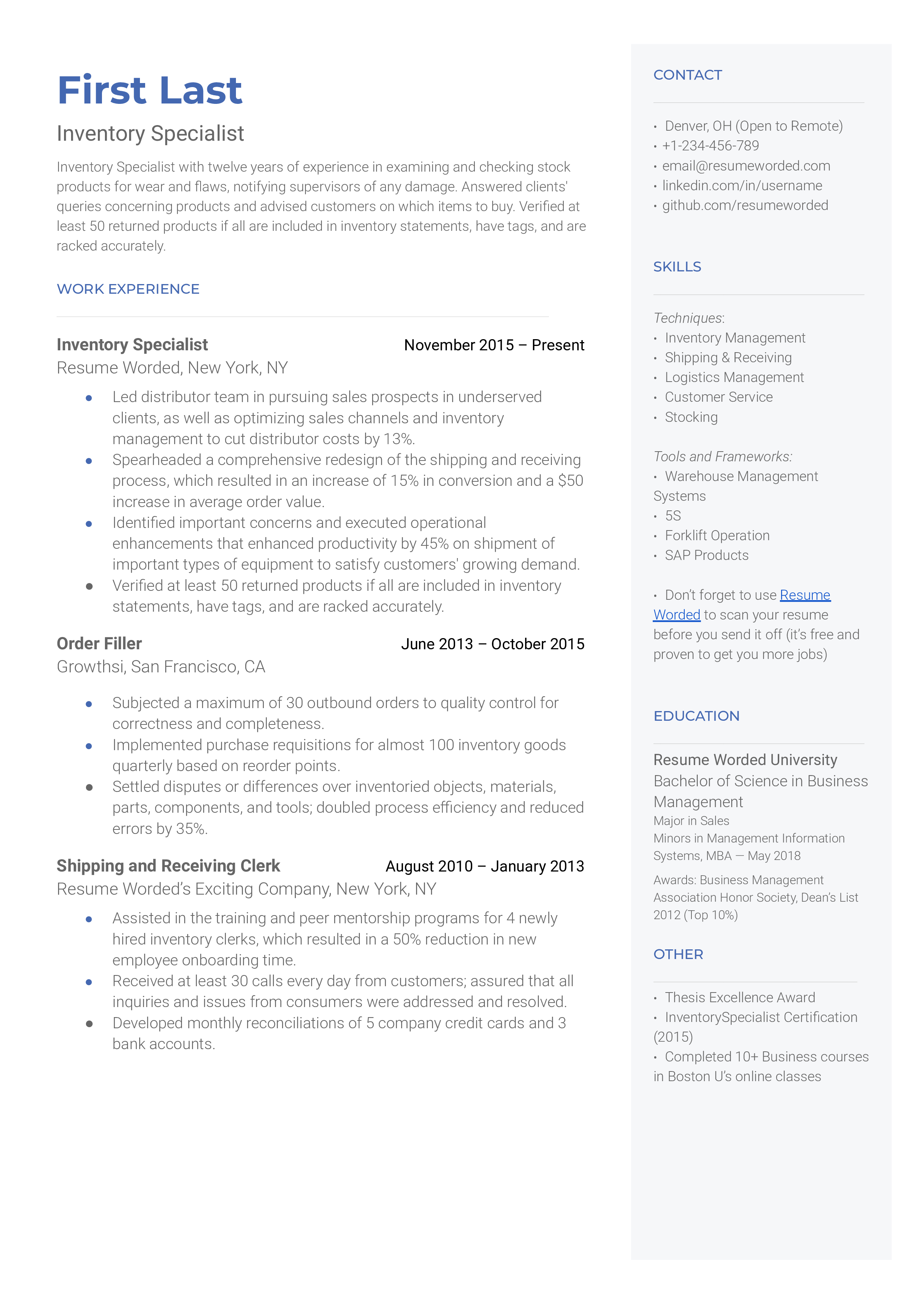 An Inventory Specialist resume template showcasing an applicant's work experience and skill set.