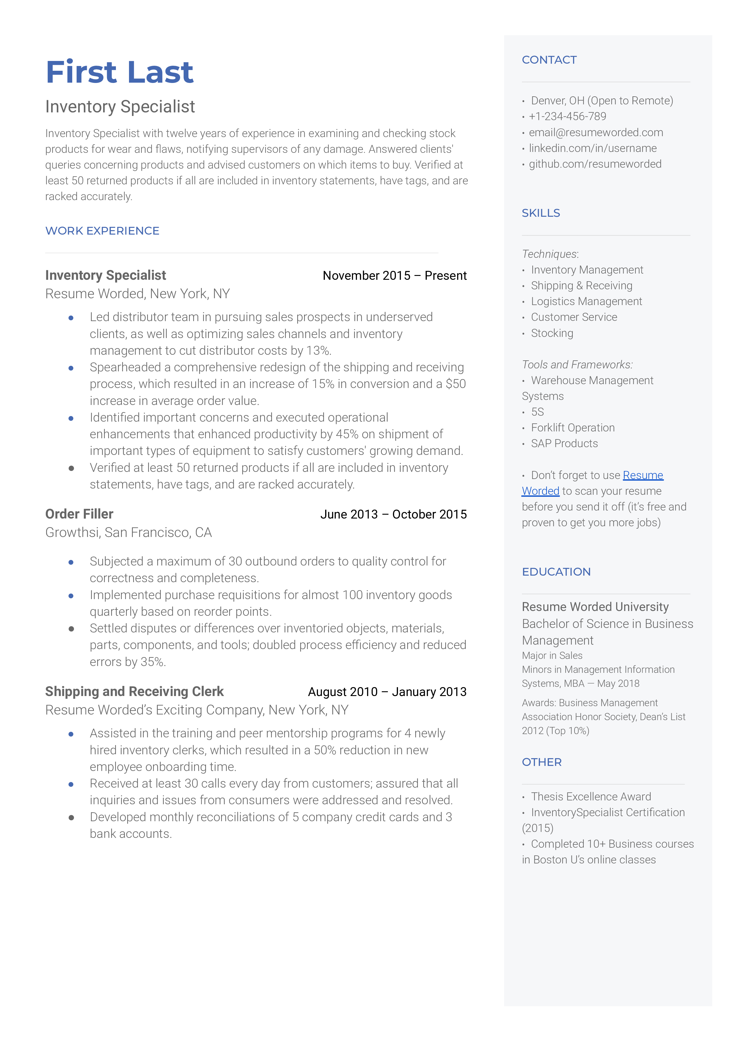 Inventory Lead Resume Examples For 2024 Resume Worded   Inventory Specialist 