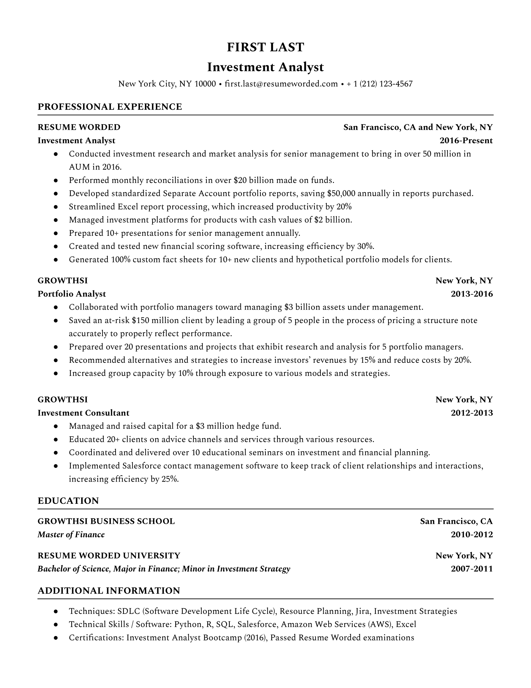 Investment analyst resume with quantifiable achievements and strong action verbs