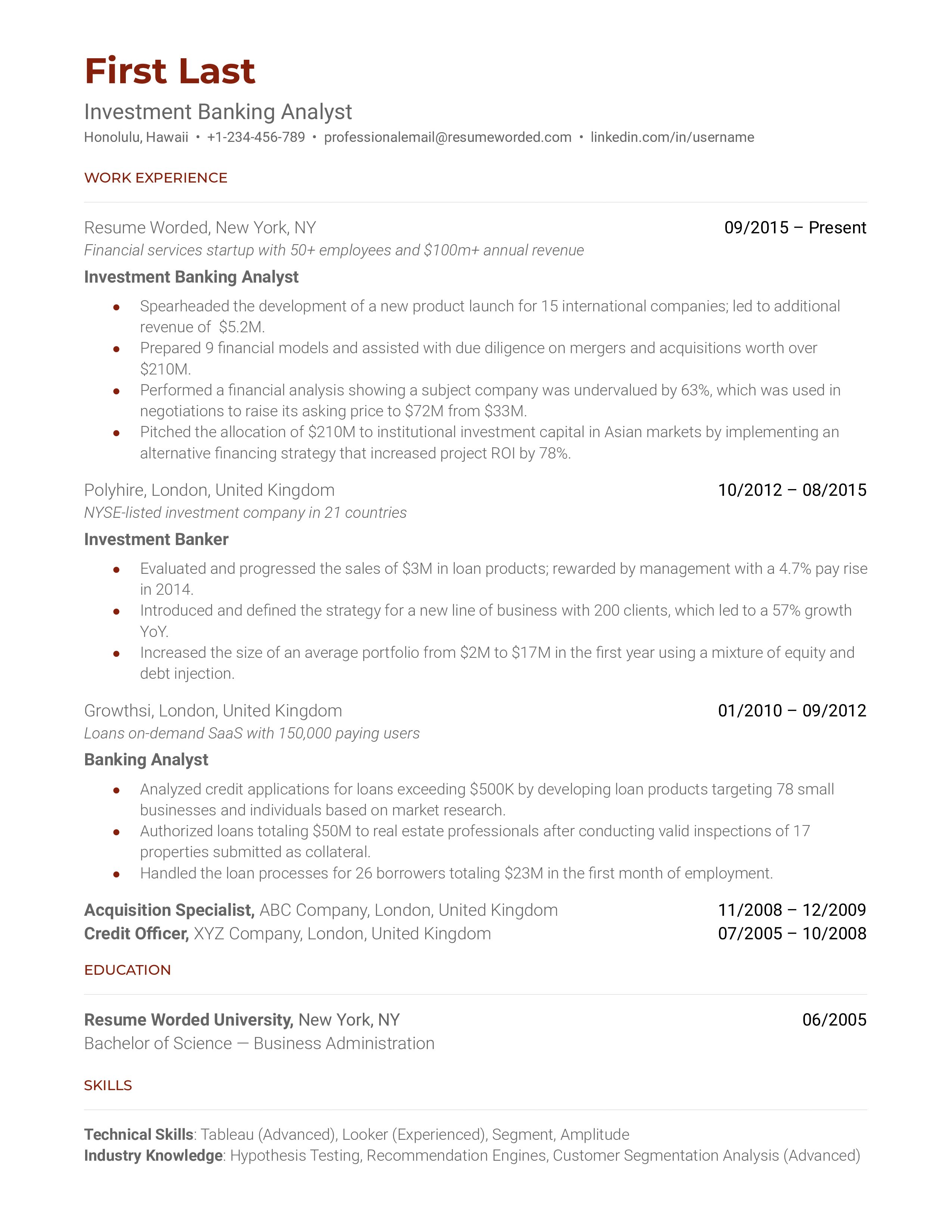 Investment Banking Analyst Resume Sample