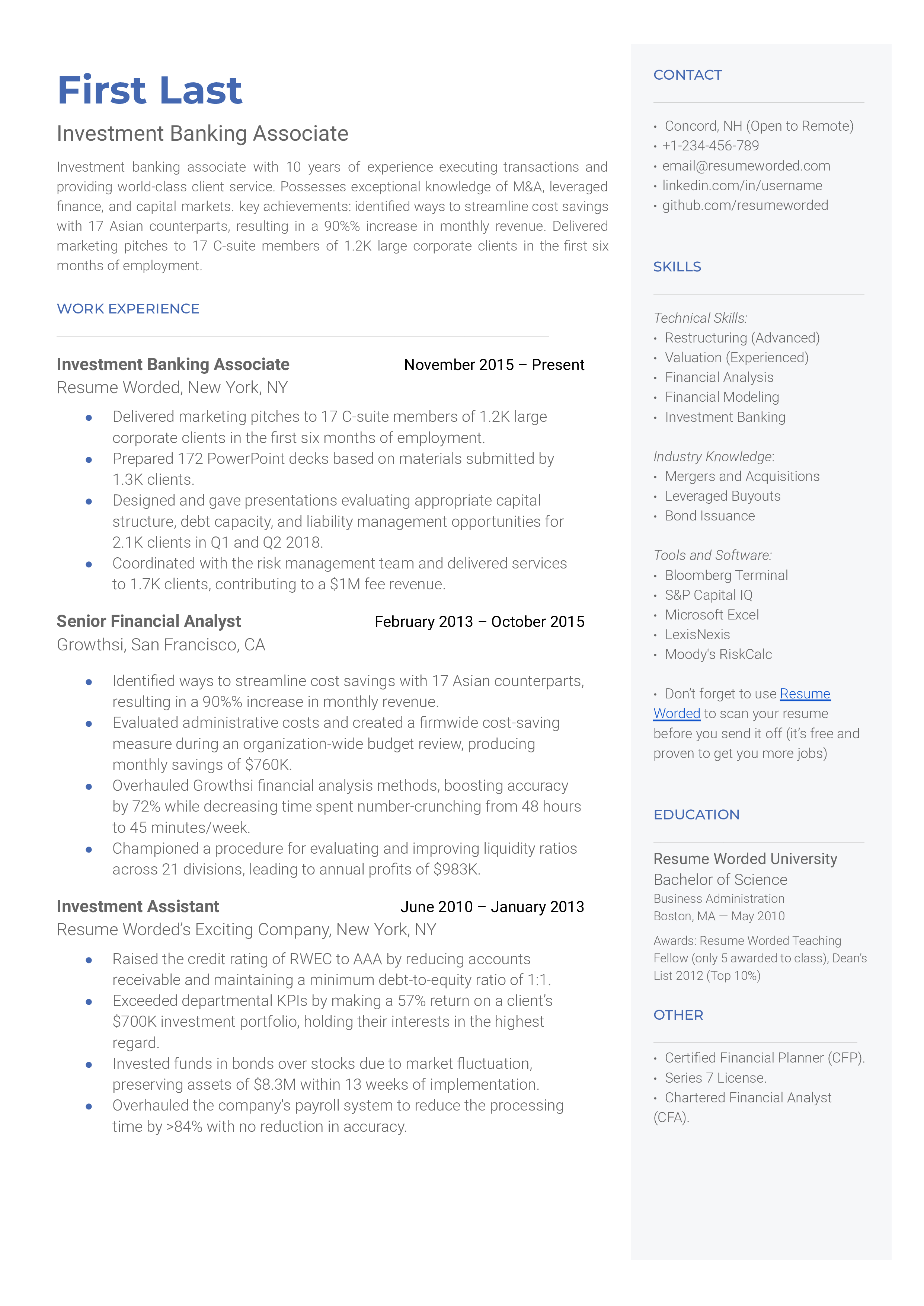 Investment Banking Associate Resume Examples for 2024 | Resume Worded