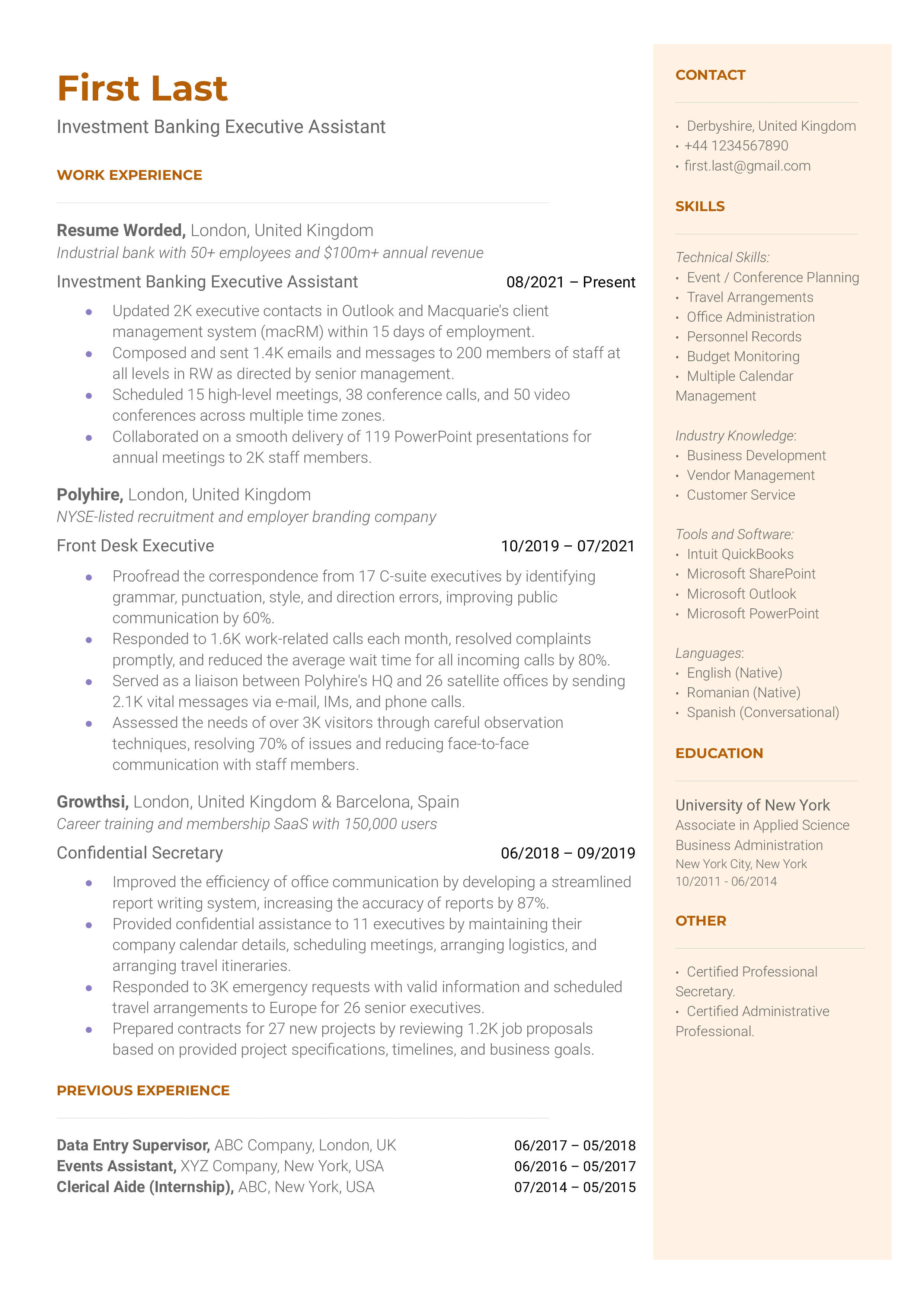 Investment Banking Executive Assistant Resume Sample