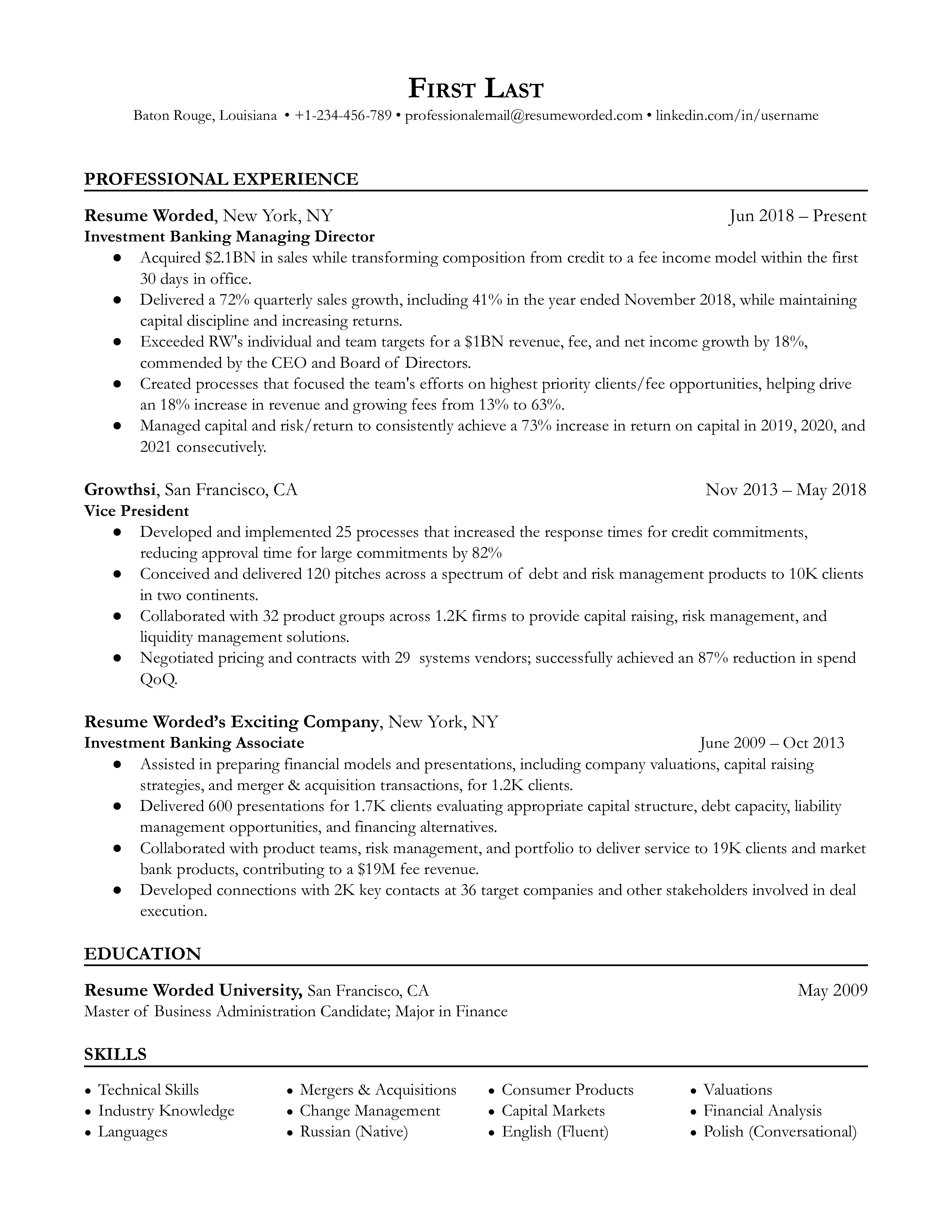 Snapshot of a CV highlighting deal-making and leadership experience for an Investment Banking Managing Director role.