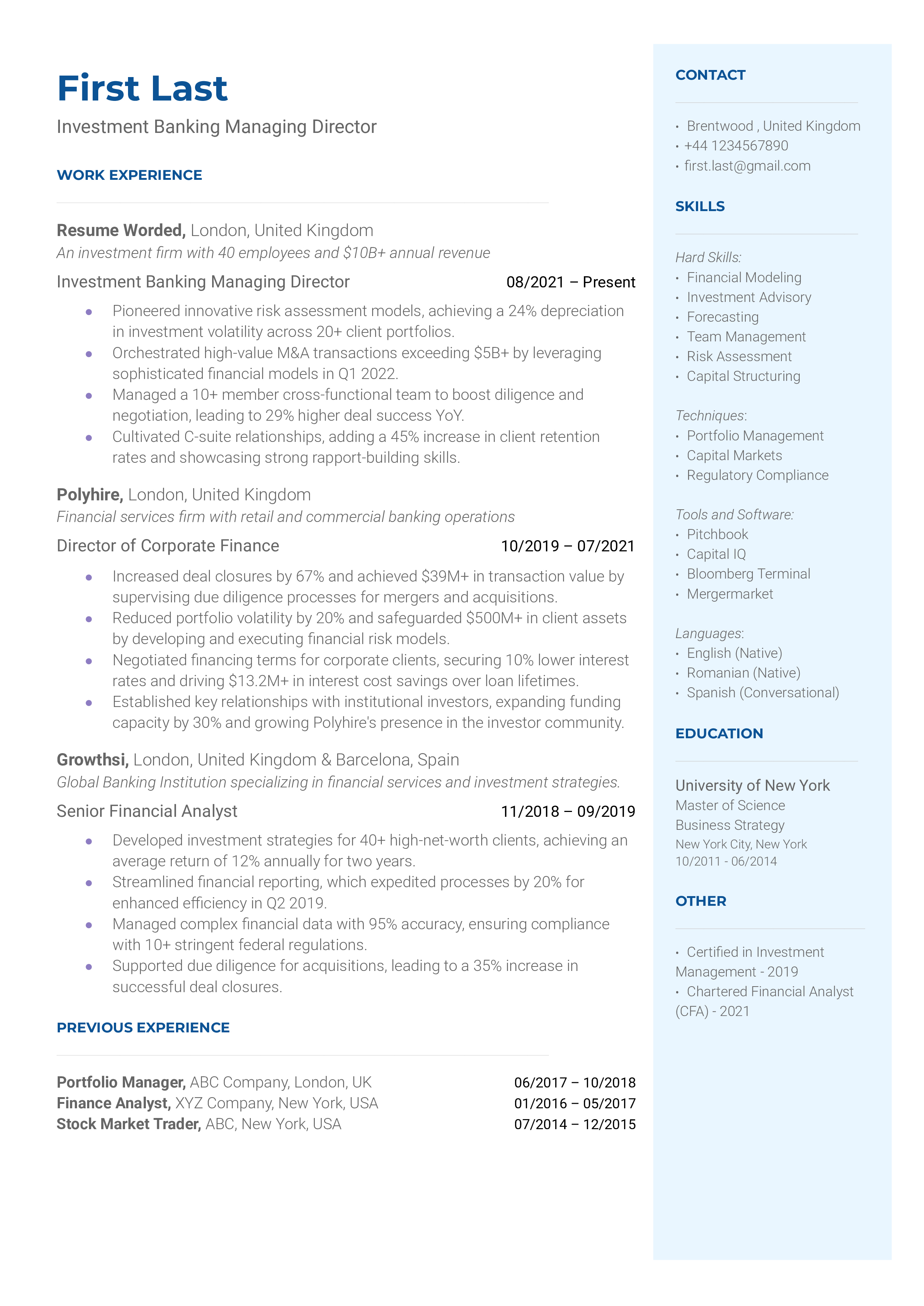 A well-structured CV for an Investment Banking Managing Director role, highlighting leadership achievements and tech proficiency.