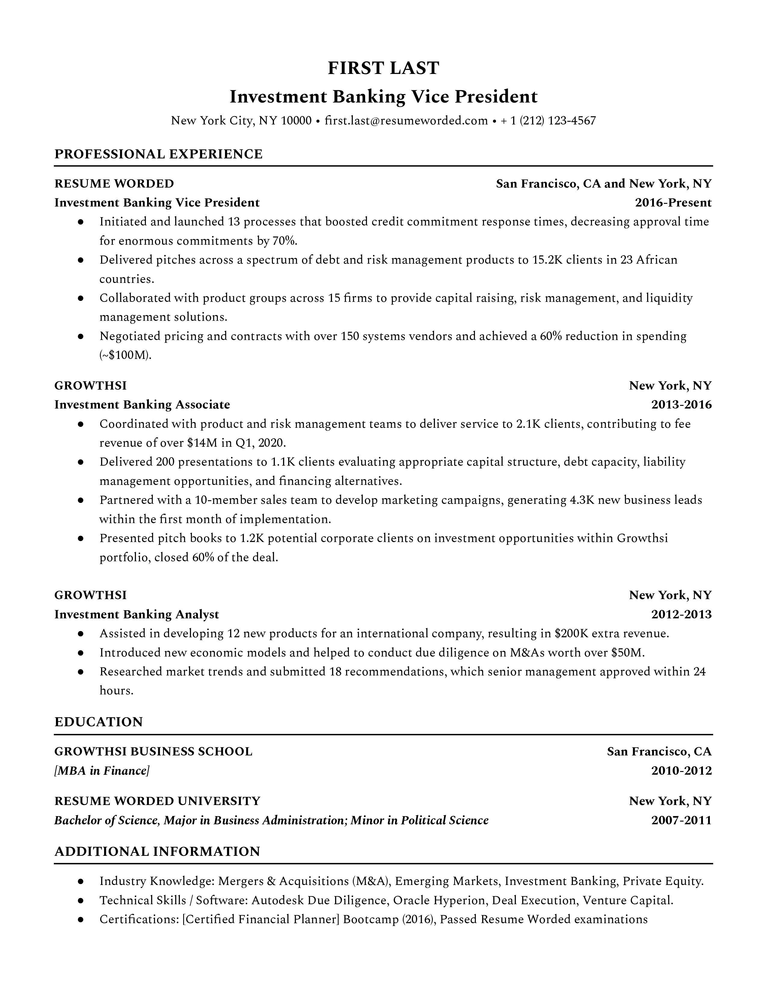 An investment banking vice president resume sample highlighting the applicant’s presentation skills and professional network.