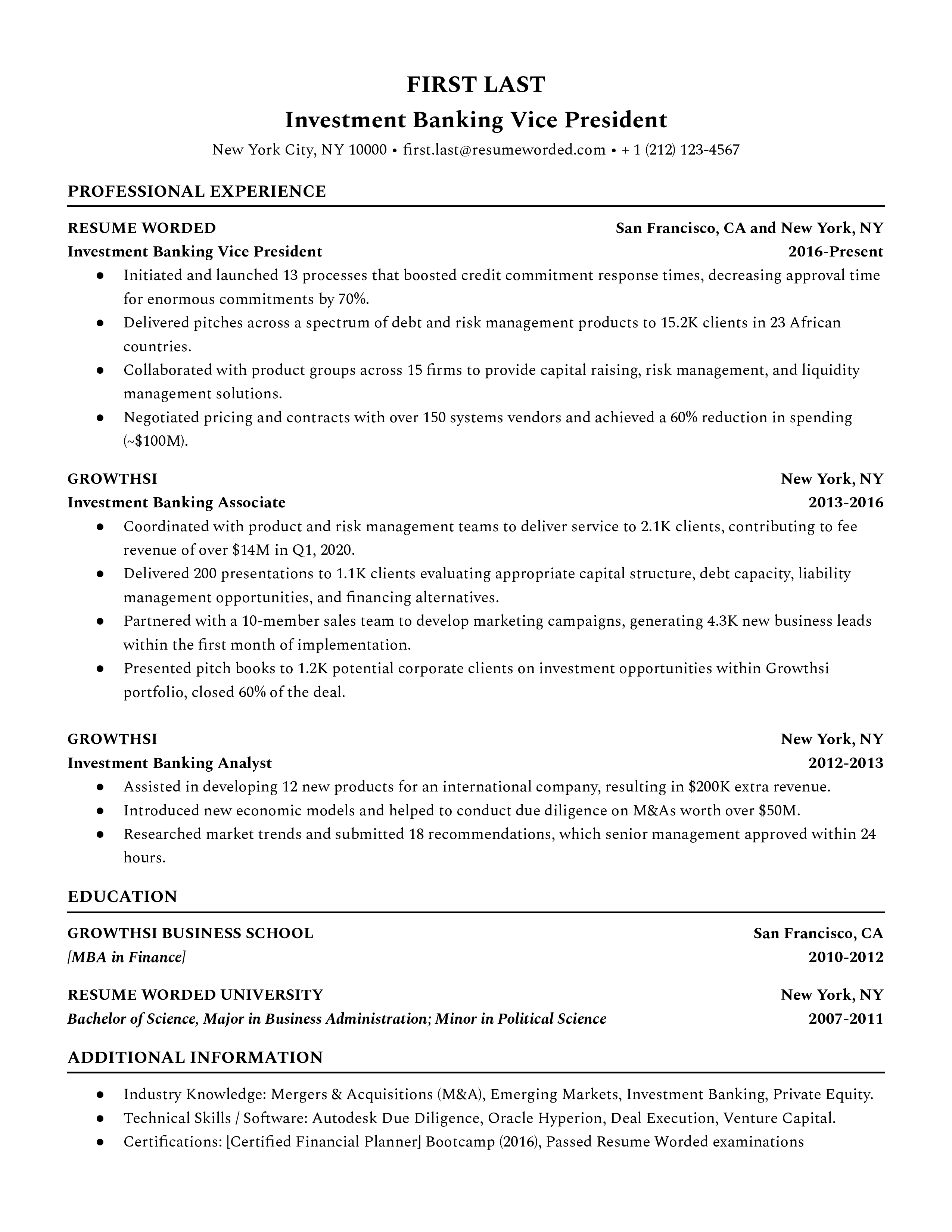 Investment Banking Vice President Resume Sample