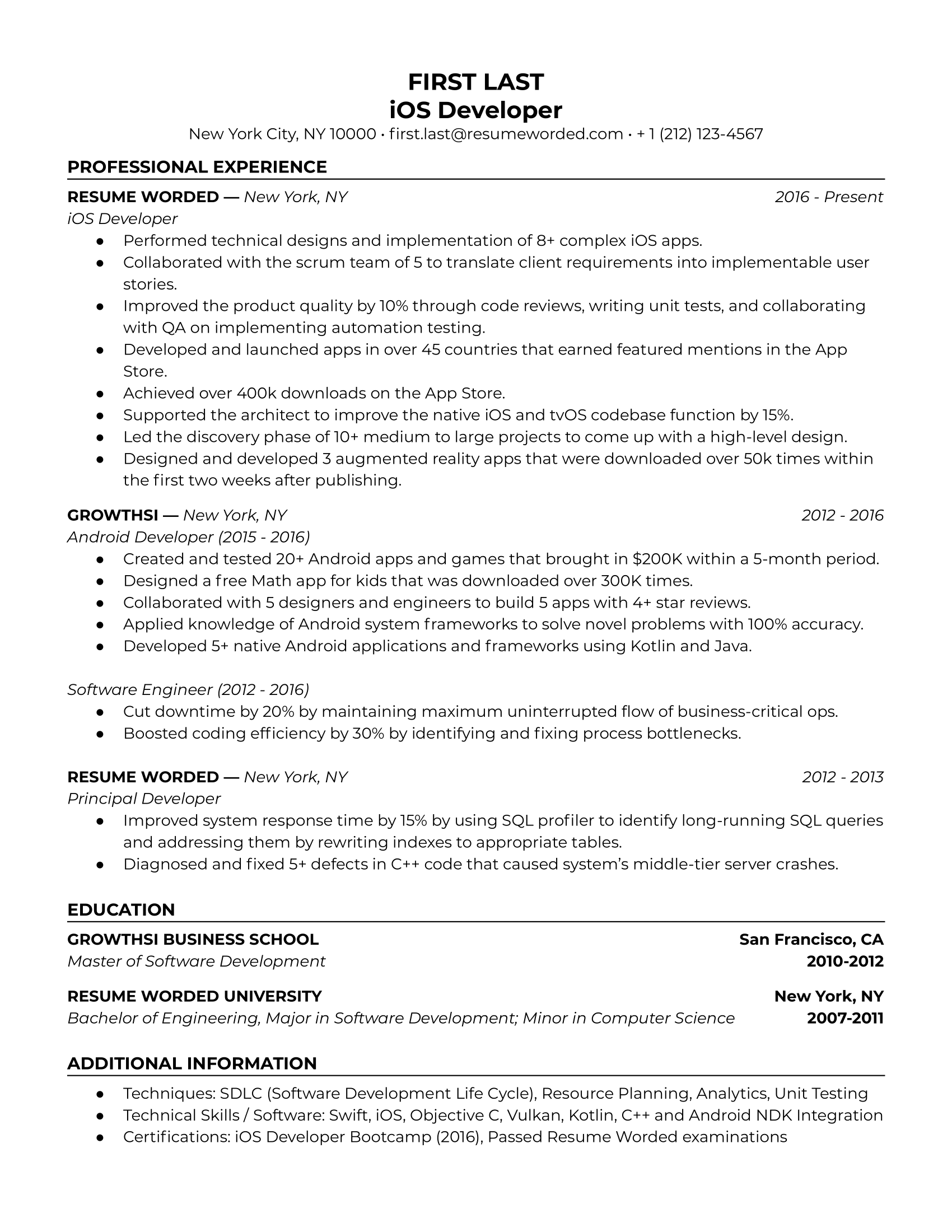 iOS Developer Resume Sample