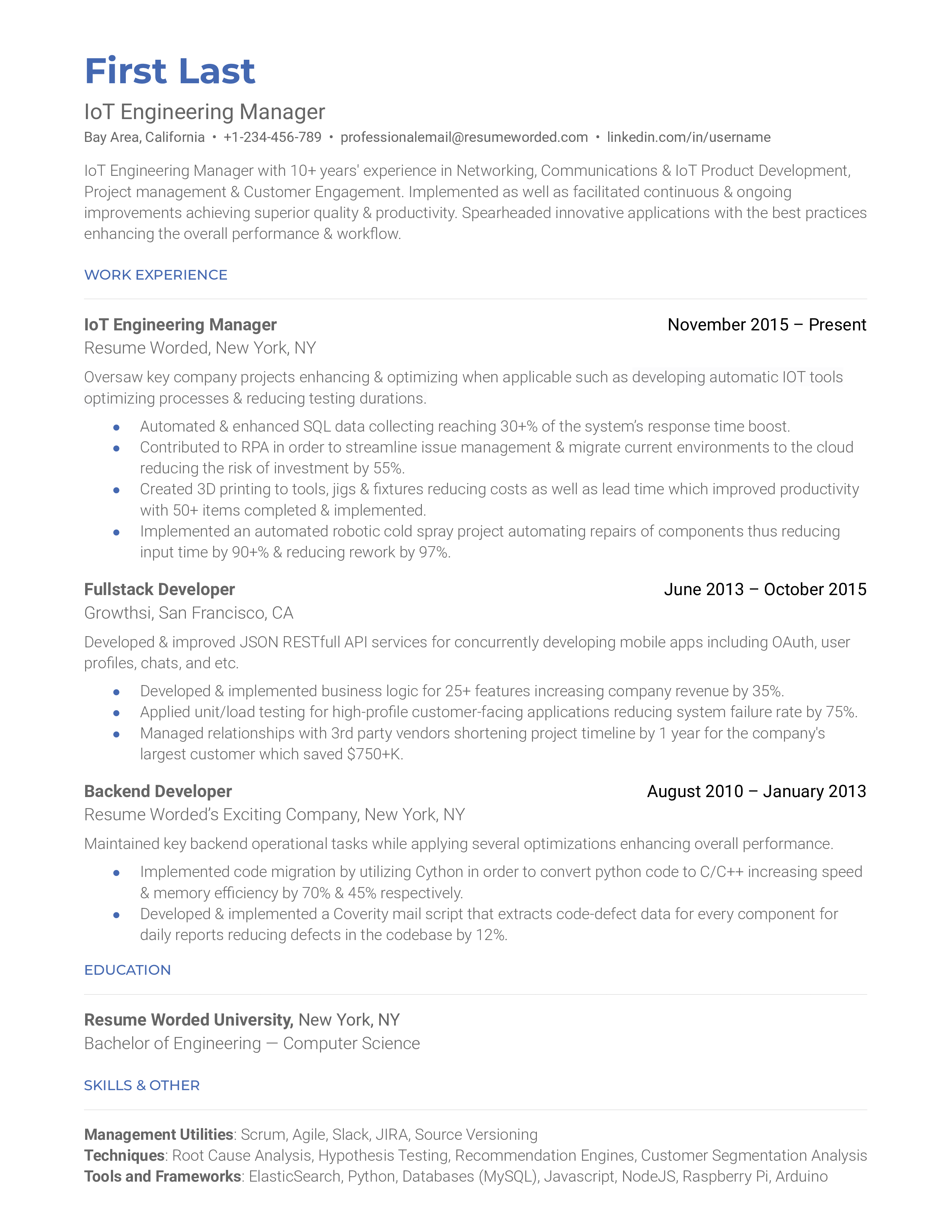 This is the resume of an IoT engineeering manager that highlights experience at diffeent companies.